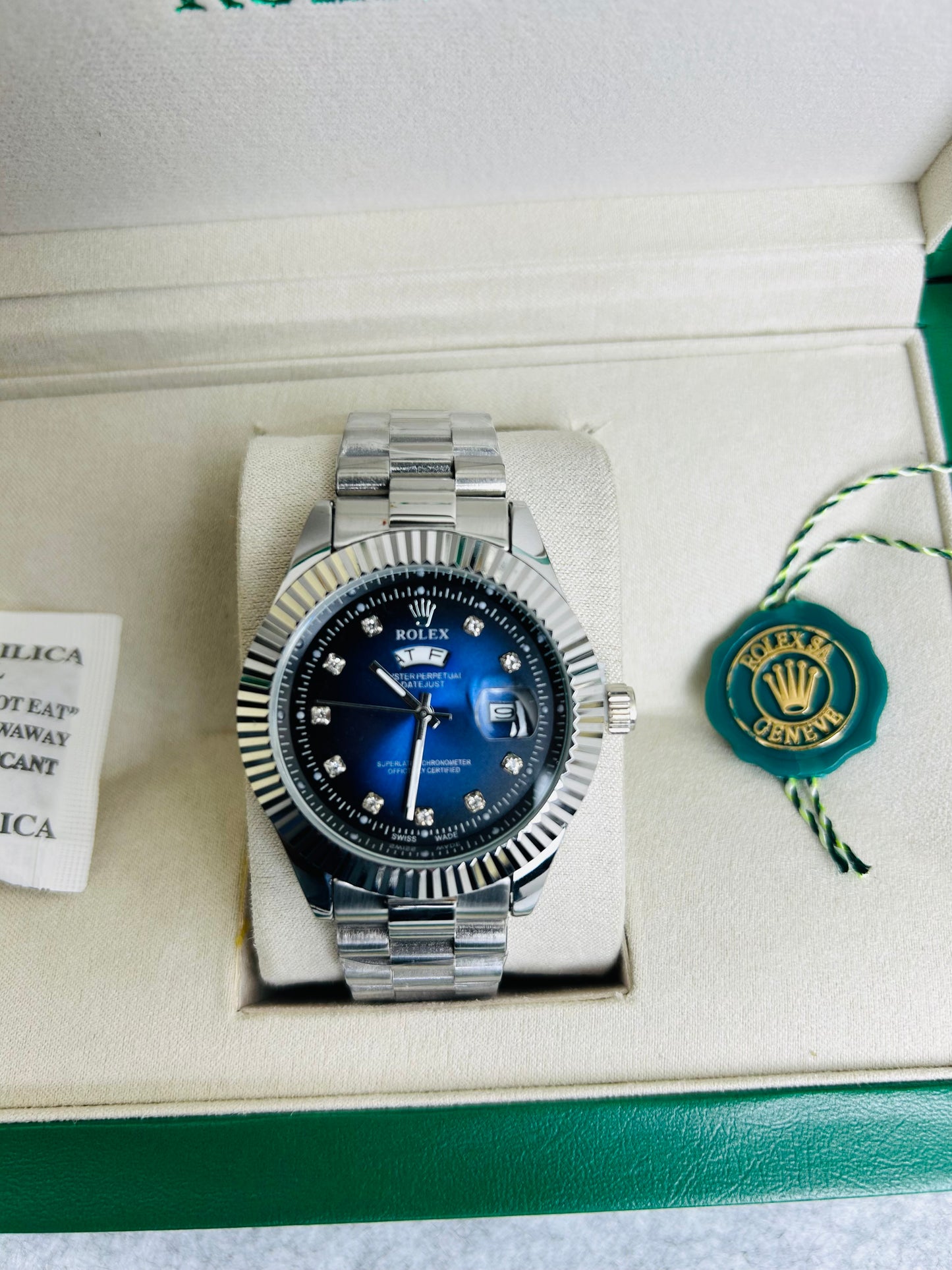 Blue Dial Luxury Watch with Silver Chain & Original Rolex Box