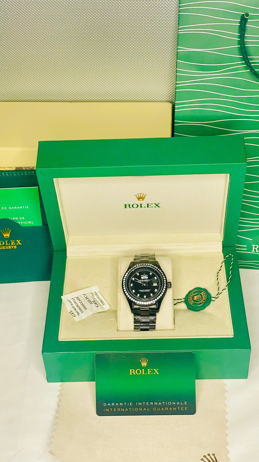 Luxury Black Watch with Stone-Studded Black Dial & Original Rolex Box