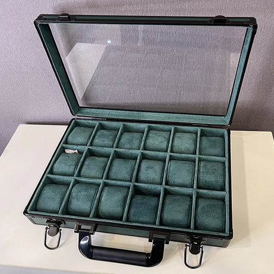 18 Slots Watch Organizer Box Dark Green High Materials Top Glass Window