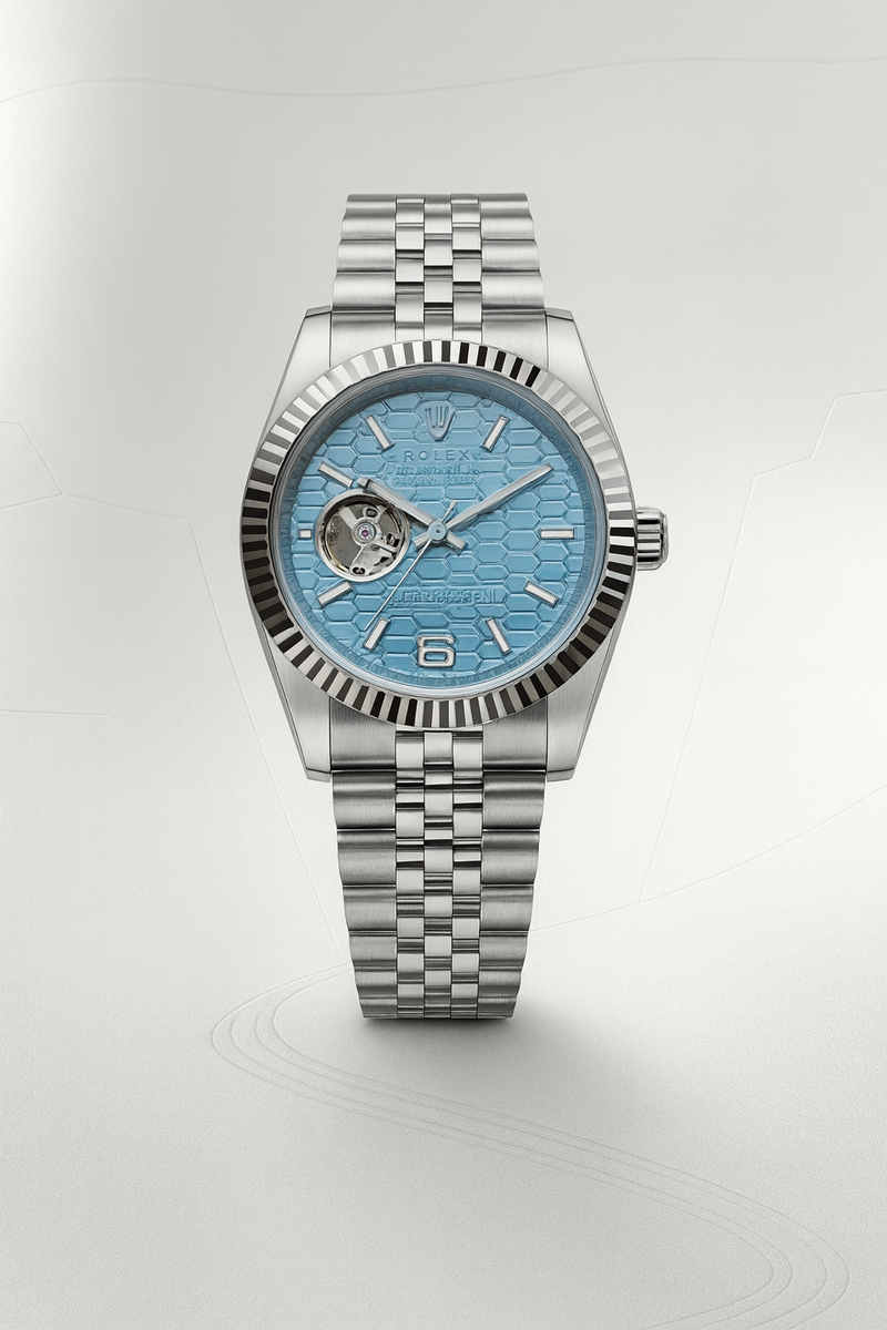 Rolex Oyster Perpetual Land-Dweller watch with an ice blue honeycomb motif dial,