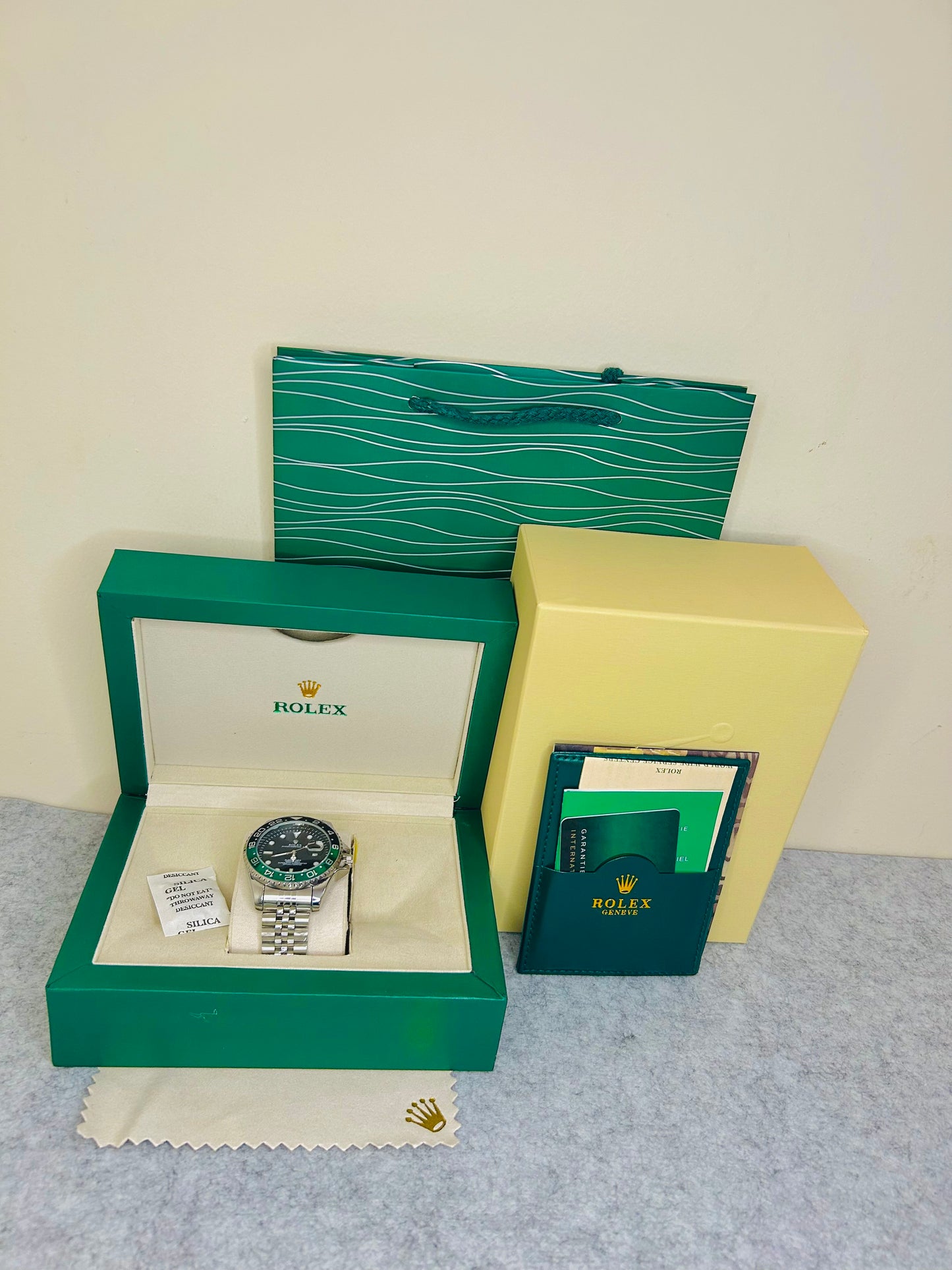 Blue-Black Submariner Dial Watch with Silver Chain & Original Rolex Box