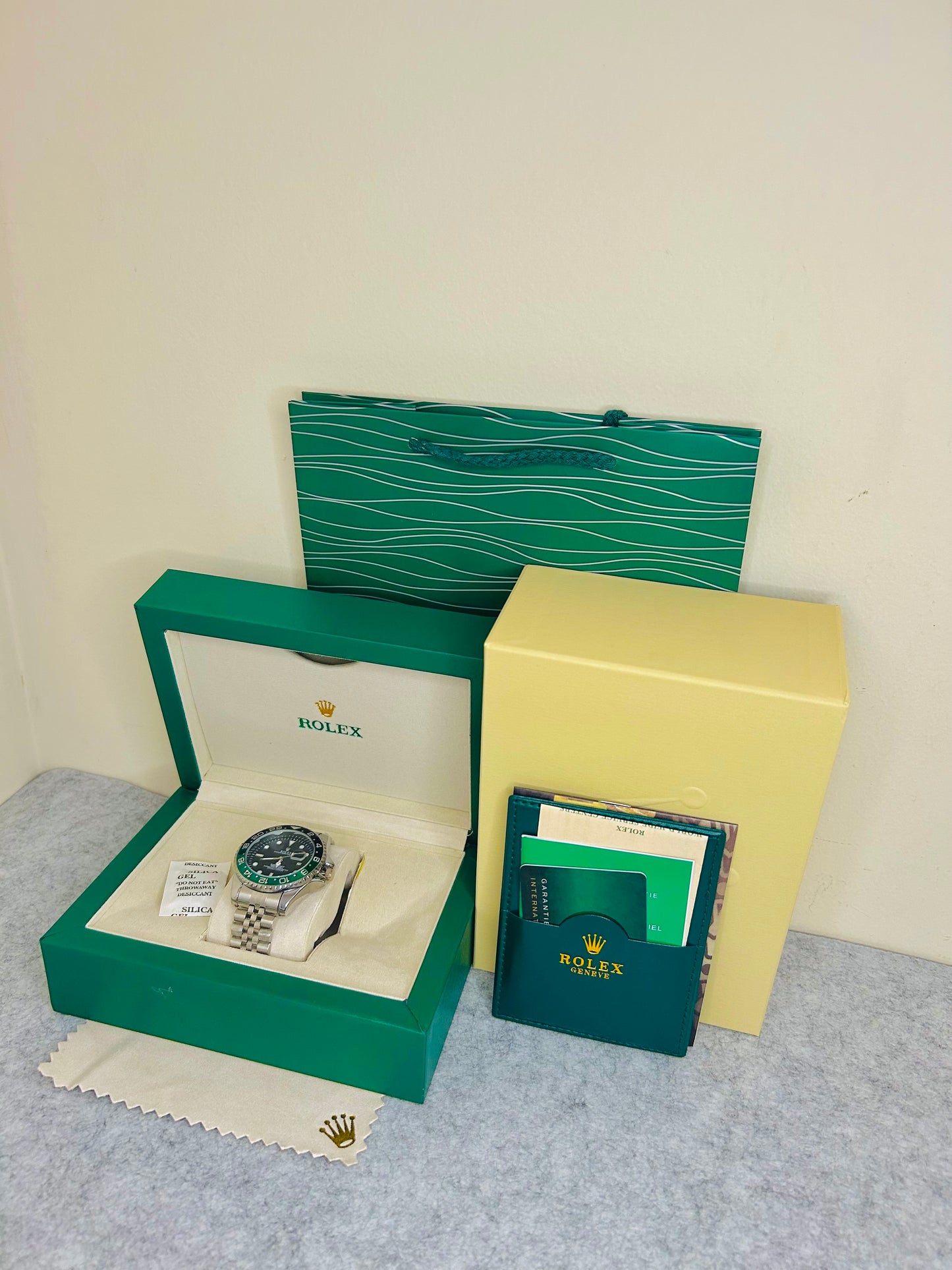 Blue-Black Submariner Dial Watch with Silver Chain & Original Rolex Box