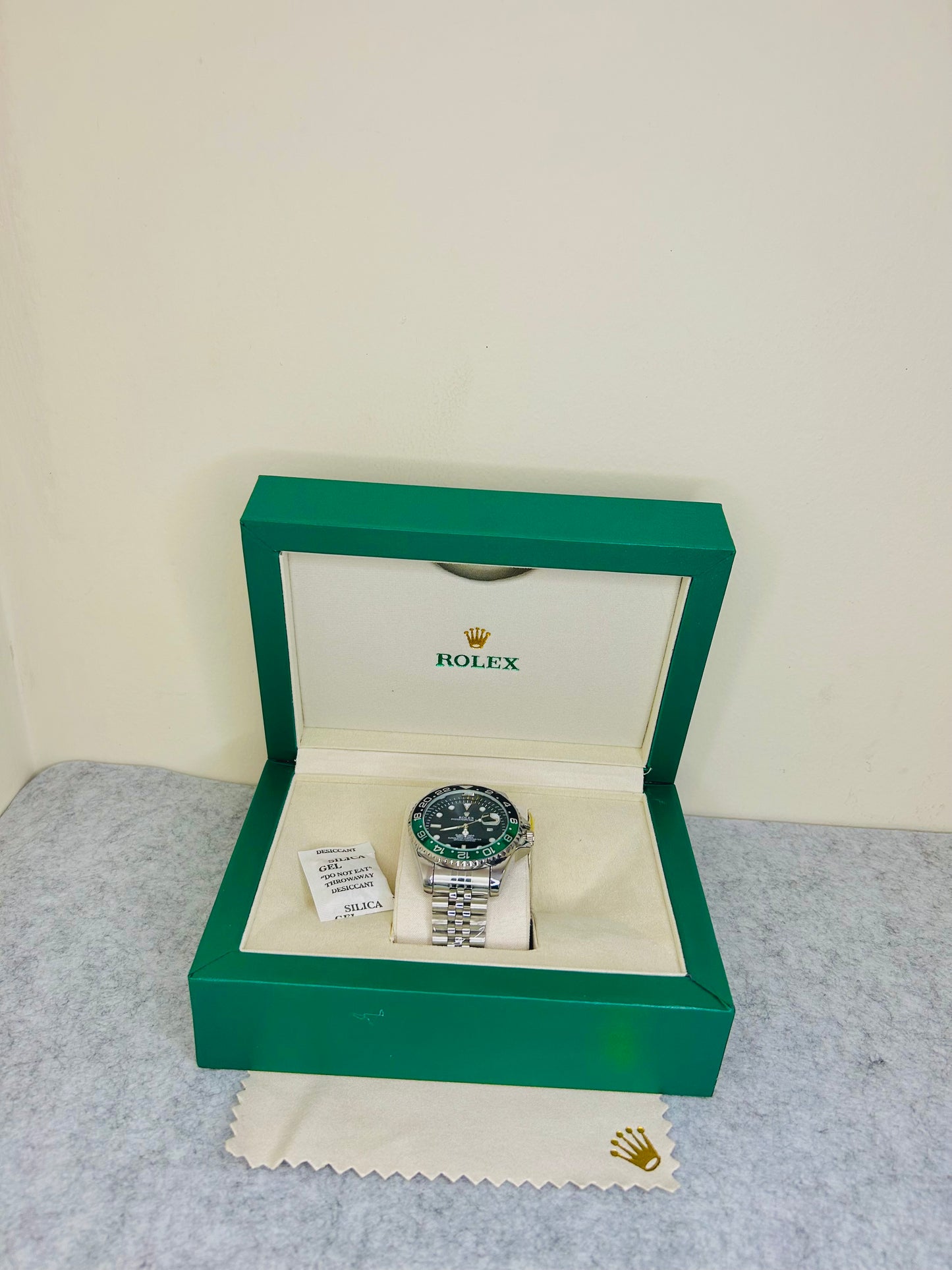 Blue-Black Submariner Dial Watch with Silver Chain & Original Rolex Box