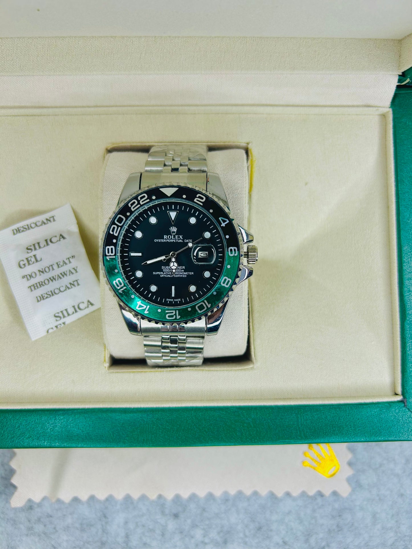 Blue-Black Submariner Dial Watch with Silver Chain & Original Rolex Box