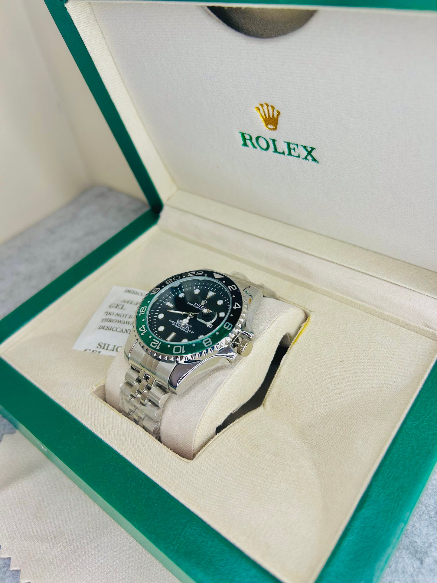 Blue-Black Submariner Dial Watch with Silver Chain & Original Rolex Box