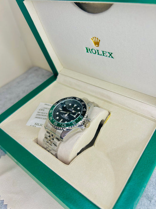 Blue-Black Submariner Dial Watch with Silver Chain & Original Rolex Box