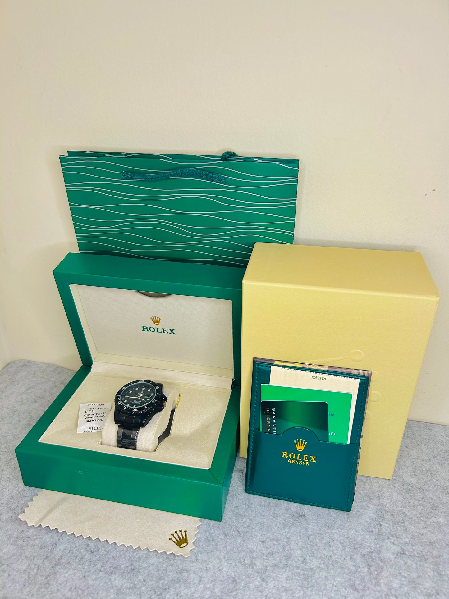 Blue-Black Submariner Dial Watch with Silver Chain & Original Rolex Box