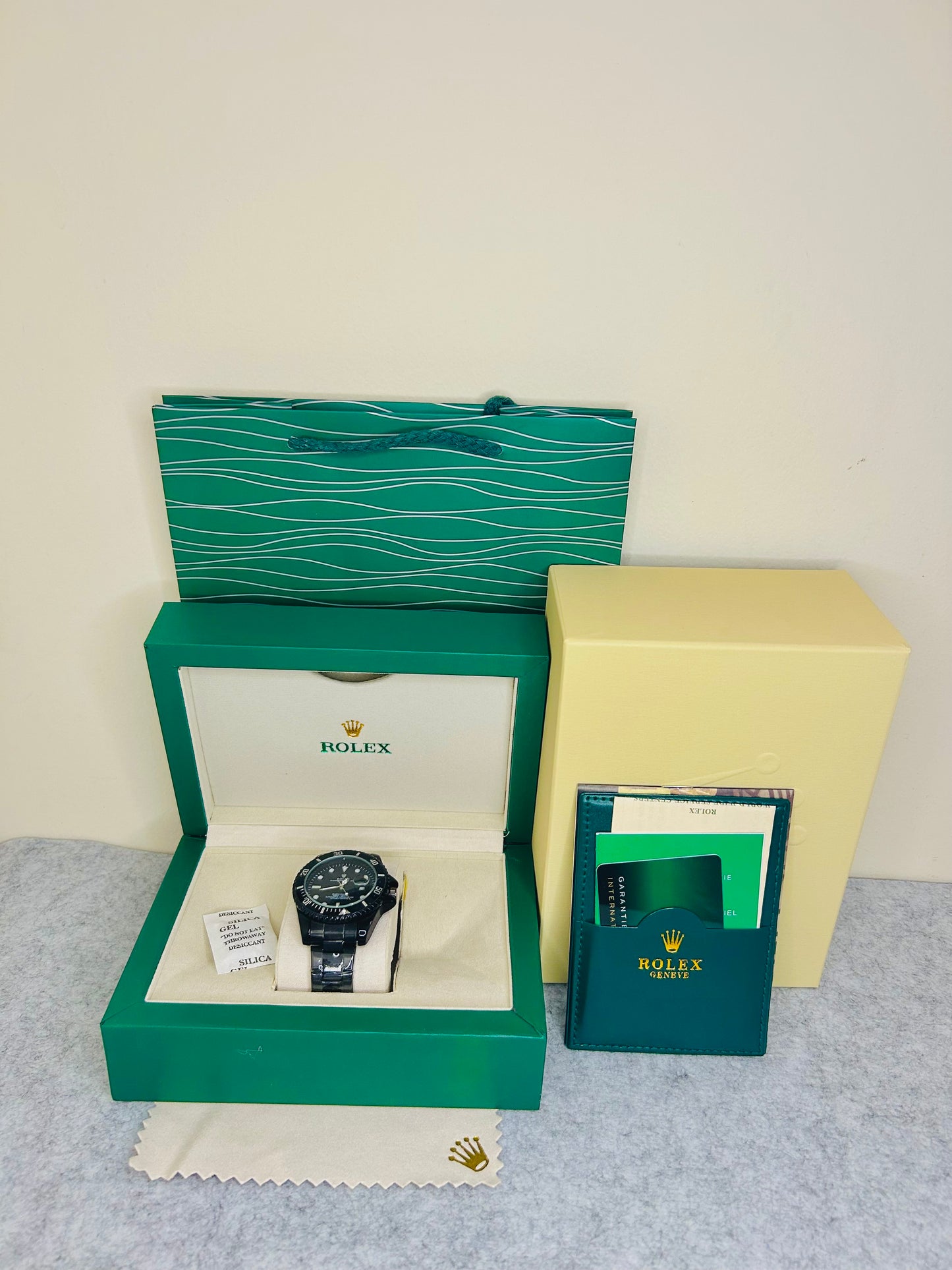 Blue-Black Submariner Dial Watch with Silver Chain & Original Rolex Box