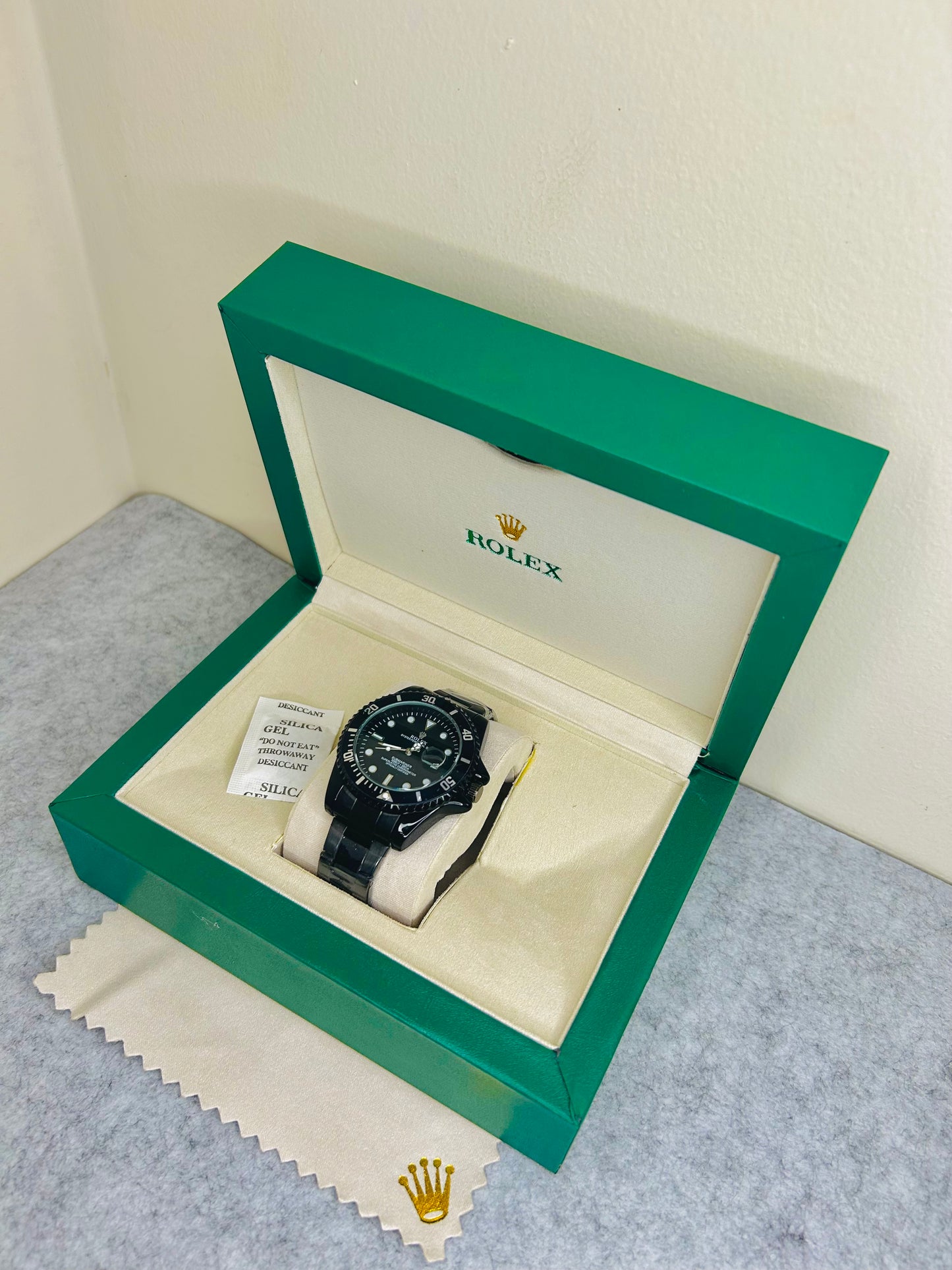 Blue-Black Submariner Dial Watch with Silver Chain & Original Rolex Box