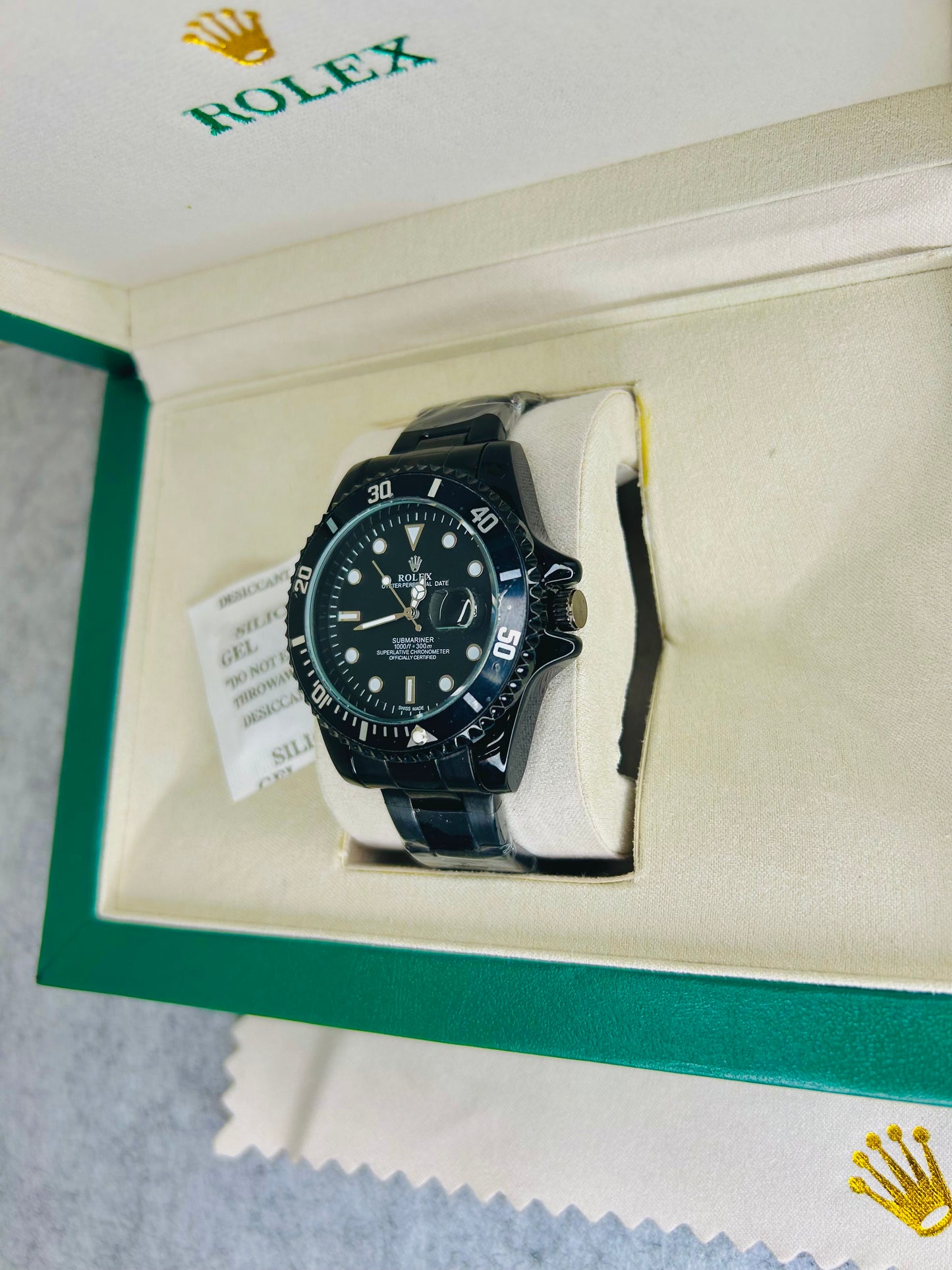 Blue-Black Submariner Dial Watch with Silver Chain & Original Rolex Box