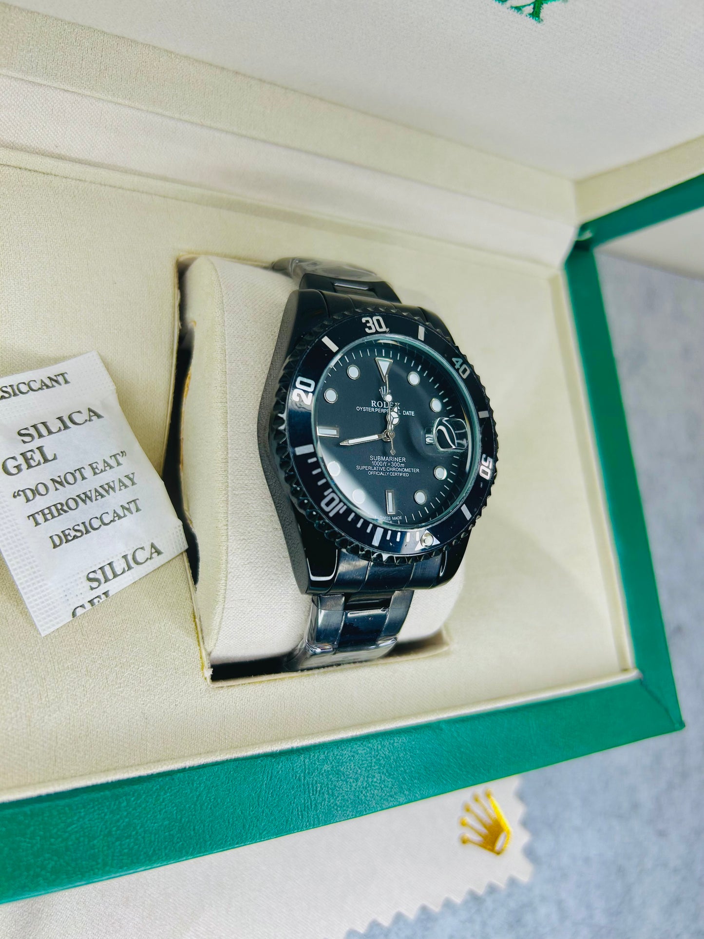 Blue-Black Submariner Dial Watch with Silver Chain & Original Rolex Box