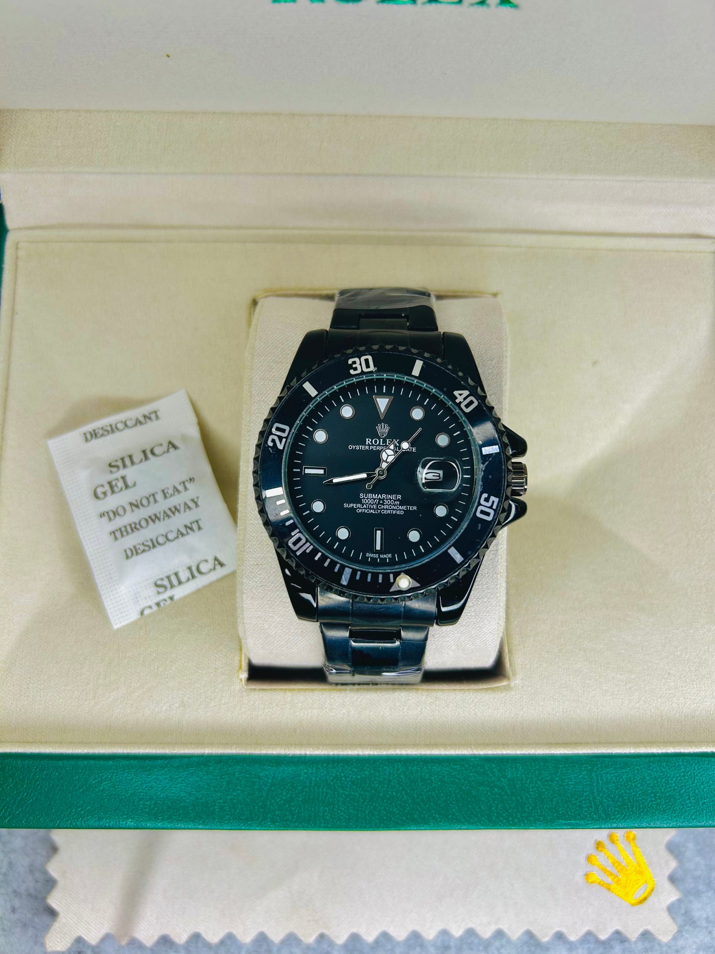 Blue-Black Submariner Dial Watch with Silver Chain & Original Rolex Box
