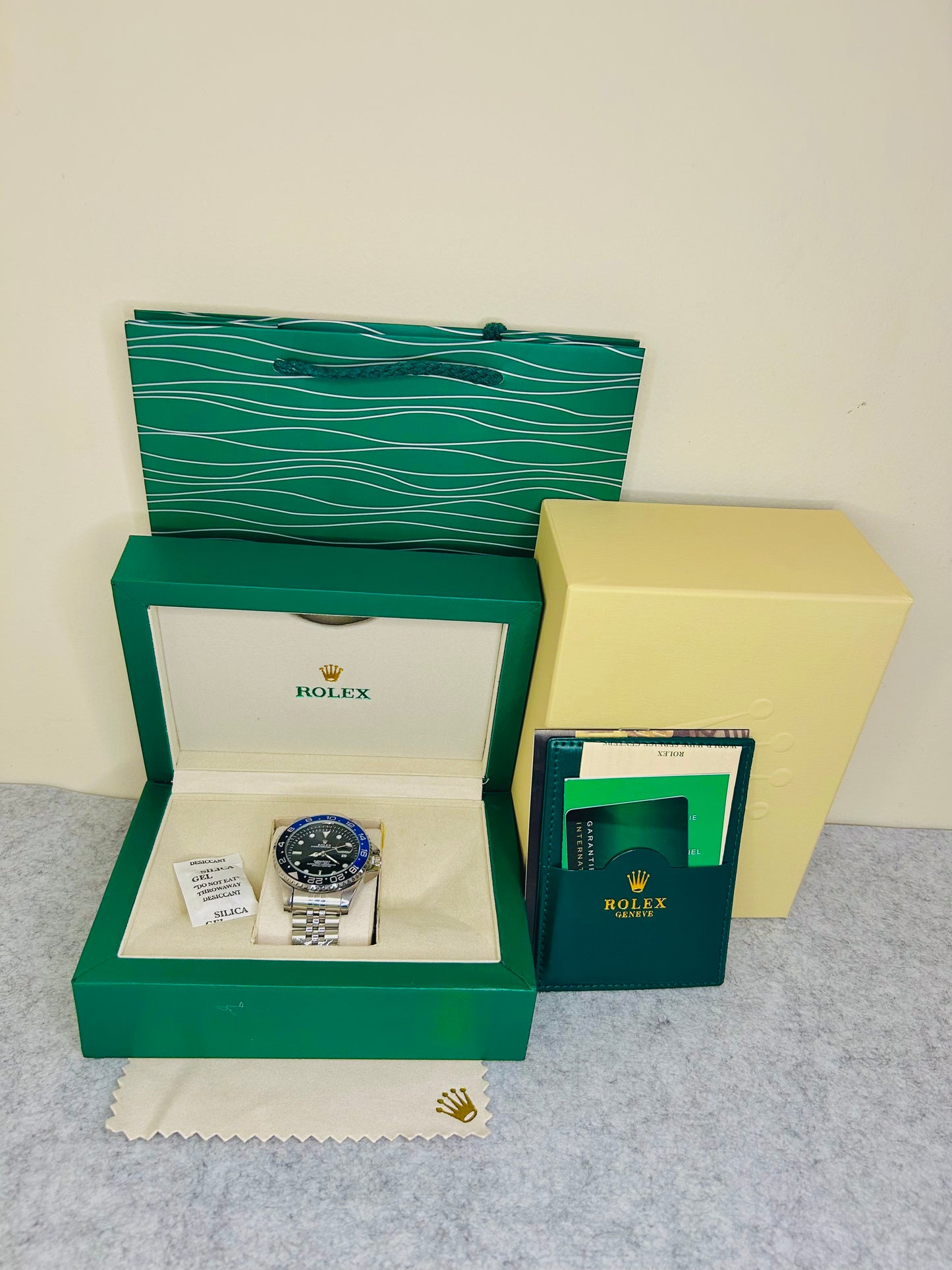 Blue-Black Submariner Dial Watch with Silver Chain & Original Rolex Box