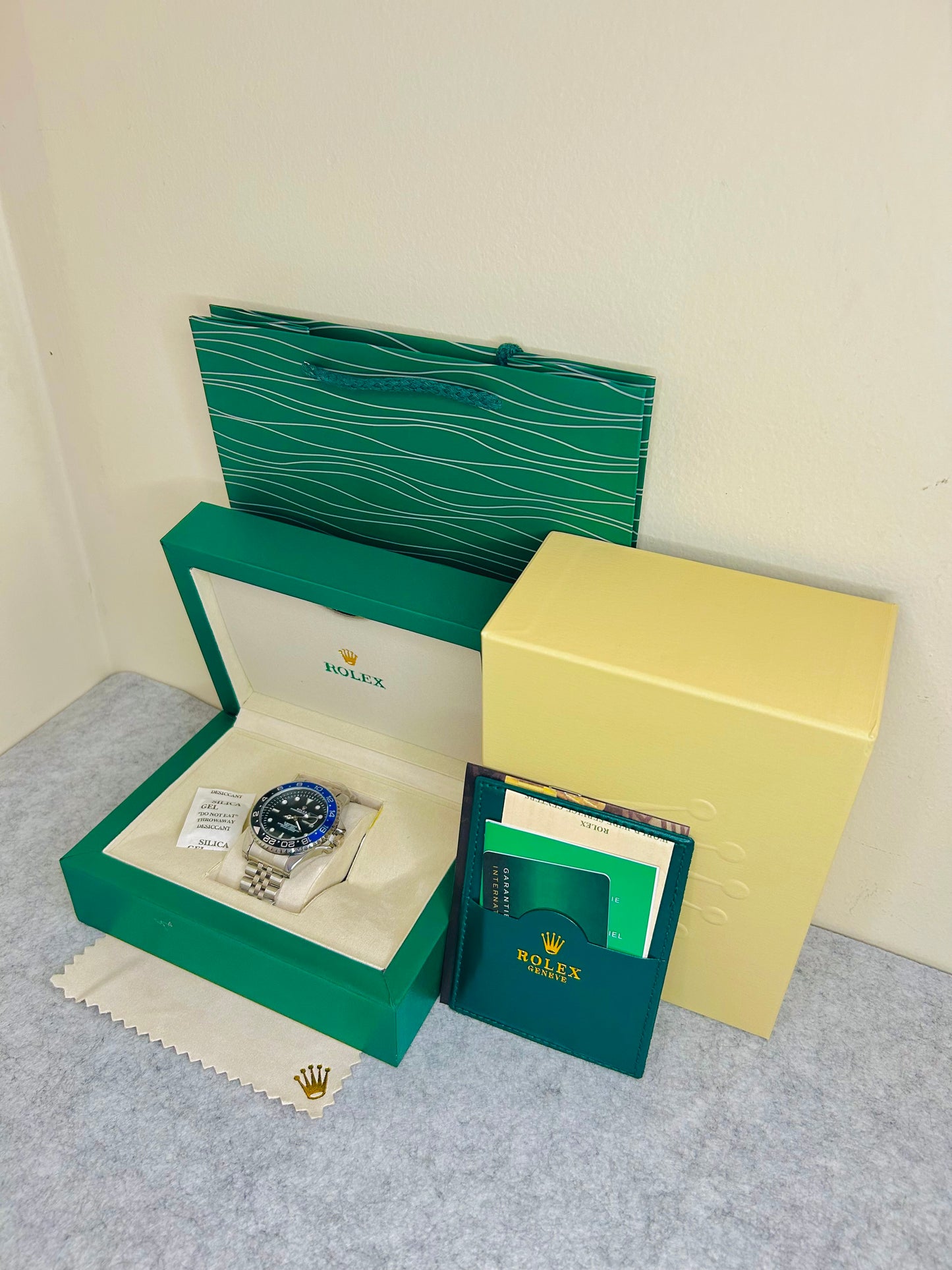Blue-Black Submariner Dial Watch with Silver Chain & Original Rolex Box