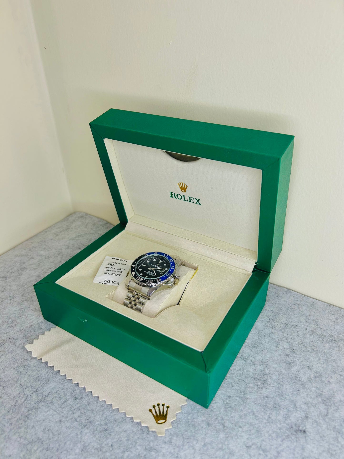 Blue-Black Submariner Dial Watch with Silver Chain & Original Rolex Box