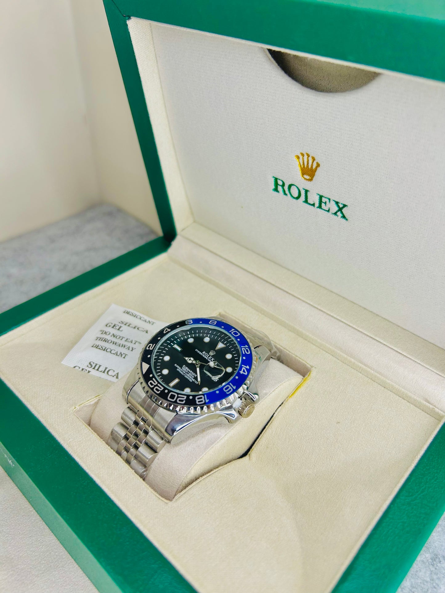 Blue-Black Submariner Dial Watch with Silver Chain & Original Rolex Box