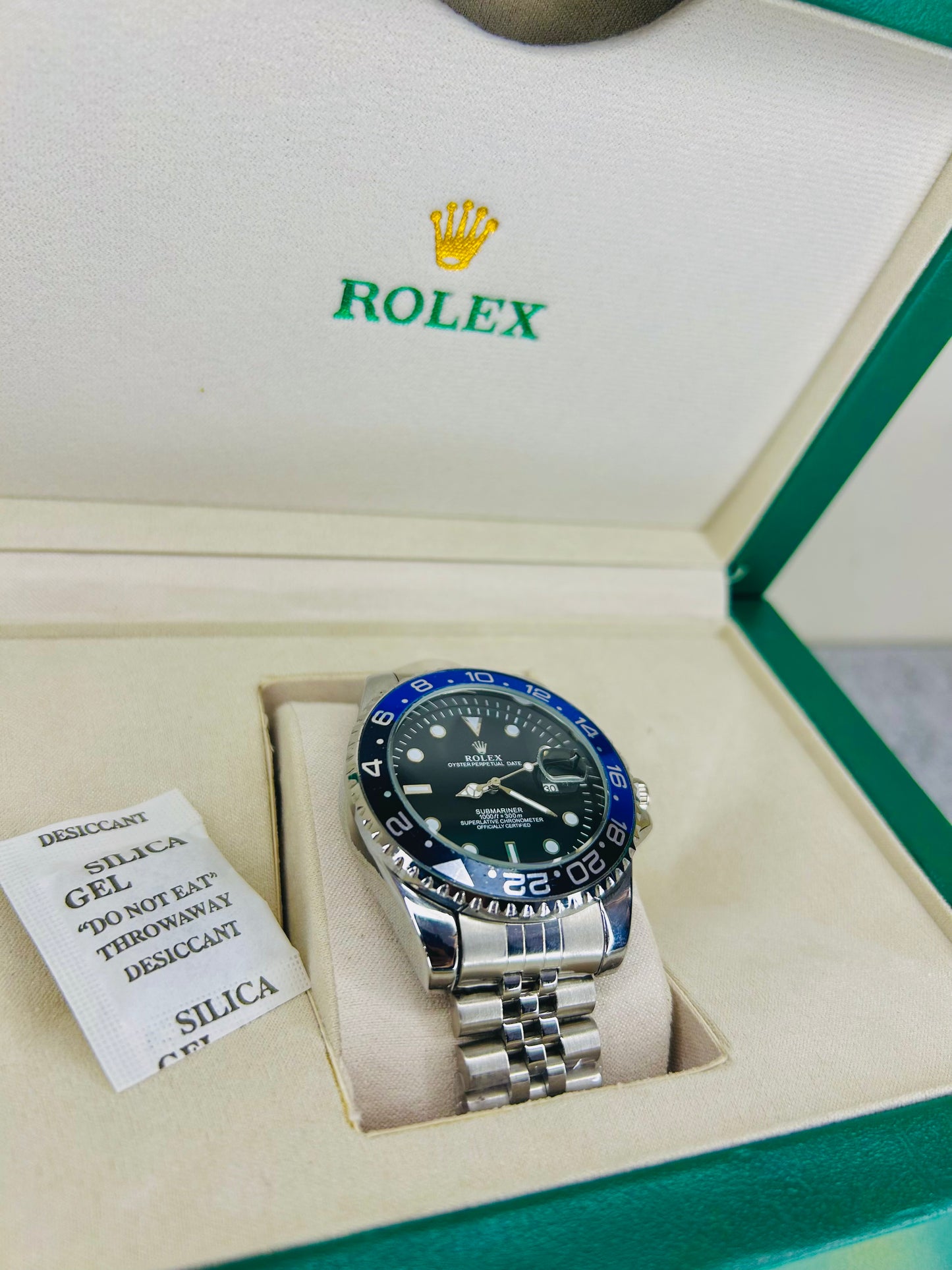 Blue-Black Submariner Dial Watch with Silver Chain & Original Rolex Box