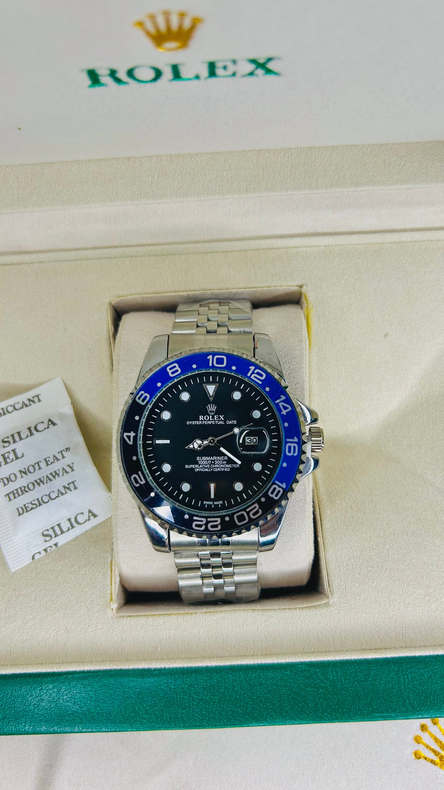 Blue-Black Submariner Dial Watch with Silver Chain & Original Rolex Box