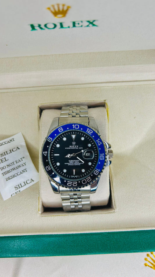 Blue-Black Submariner Dial Watch with Silver Chain & Original Rolex Box