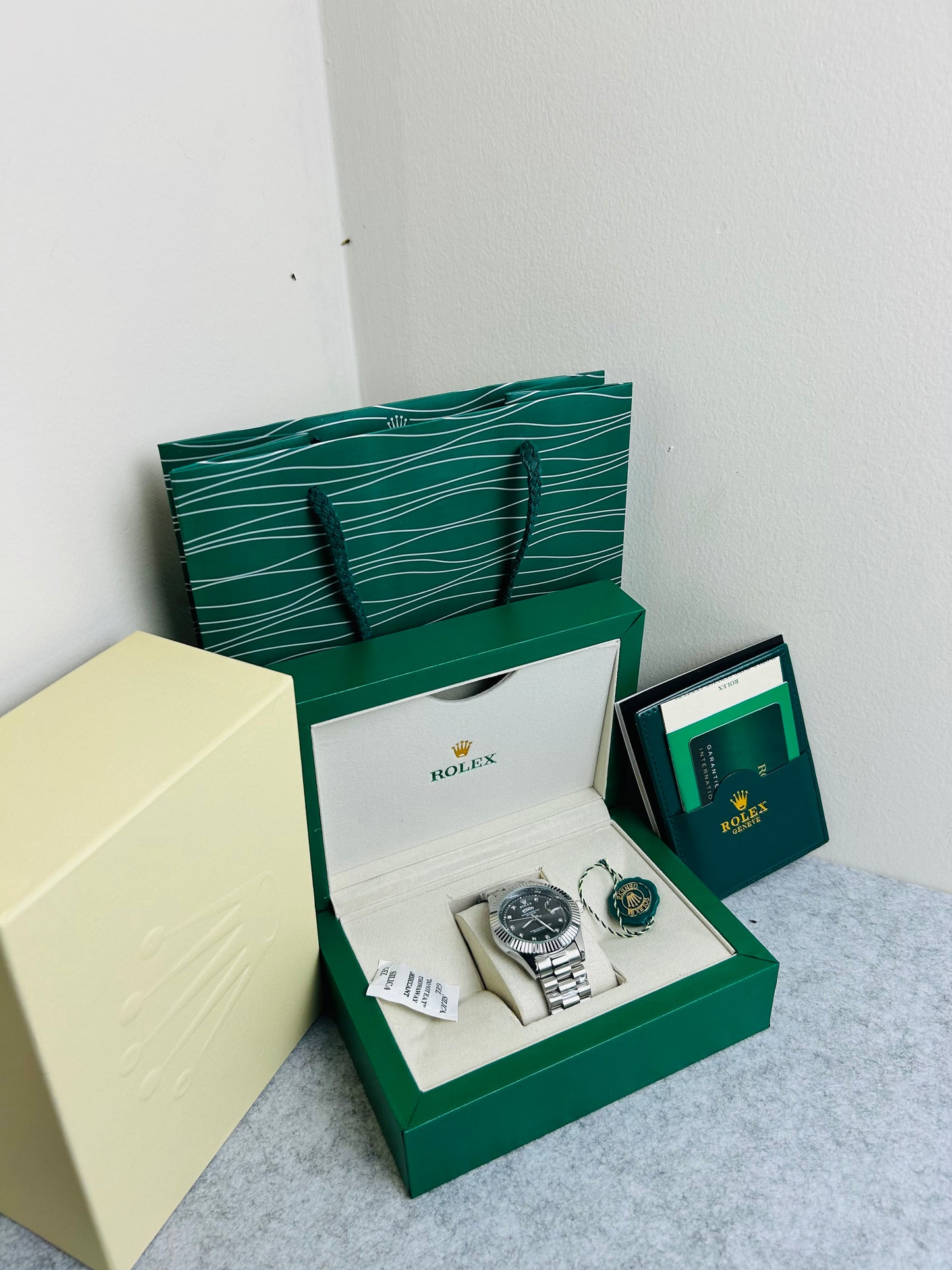 Blue Dial Luxury Watch with Silver Chain & Original Rolex Box