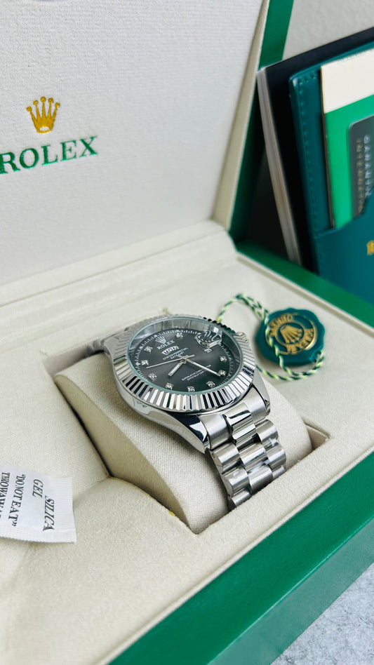 Blue Dial Luxury Watch with Silver Chain & Original Rolex Box