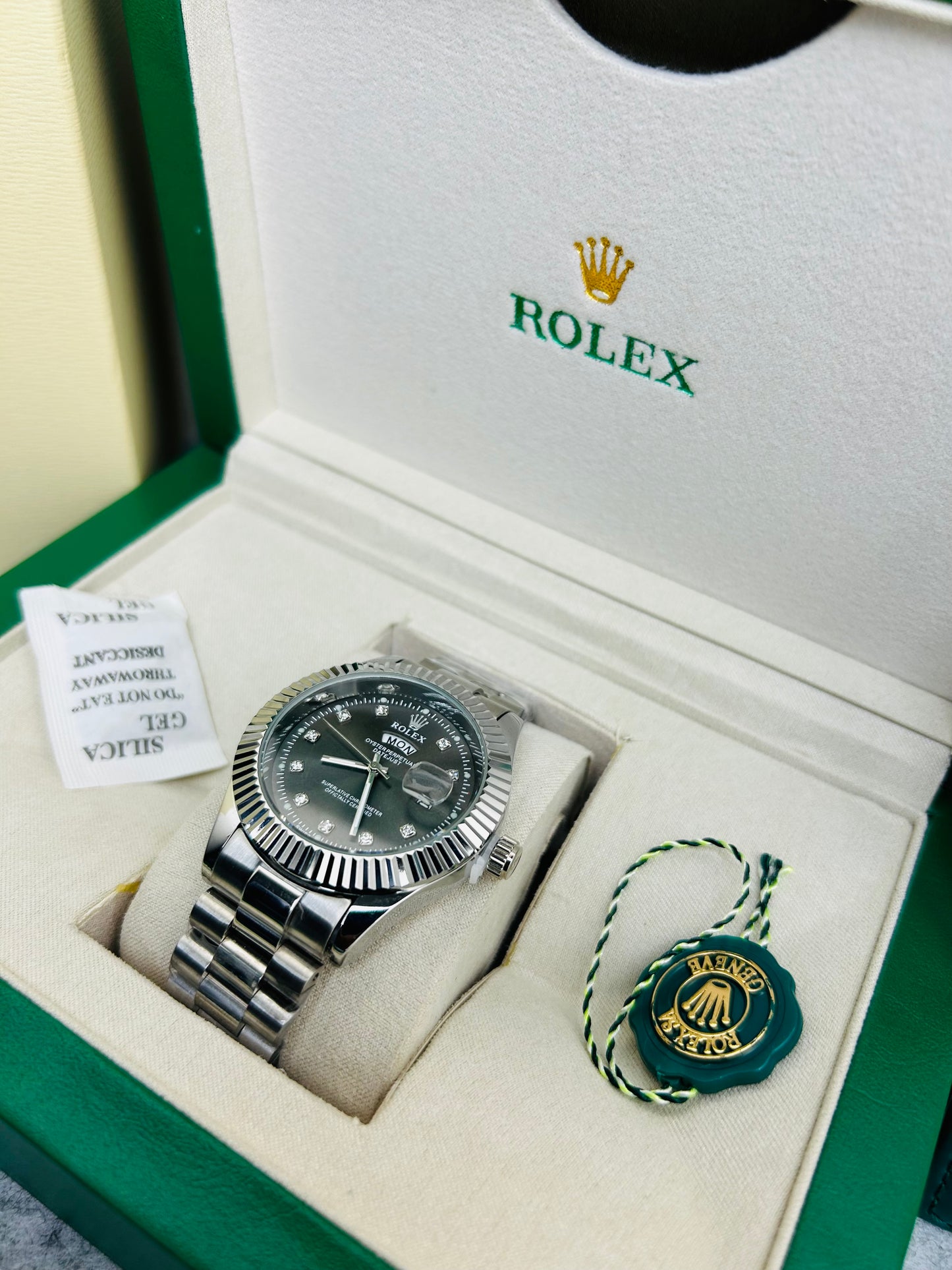 Blue Dial Luxury Watch with Silver Chain & Original Rolex Box