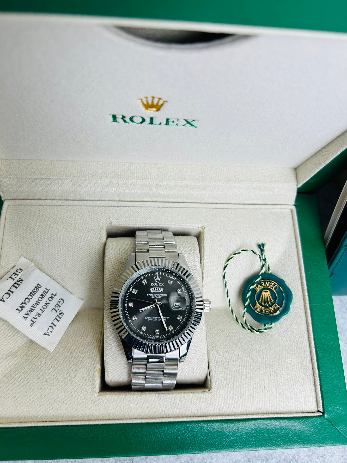 Blue Dial Luxury Watch with Silver Chain & Original Rolex Box