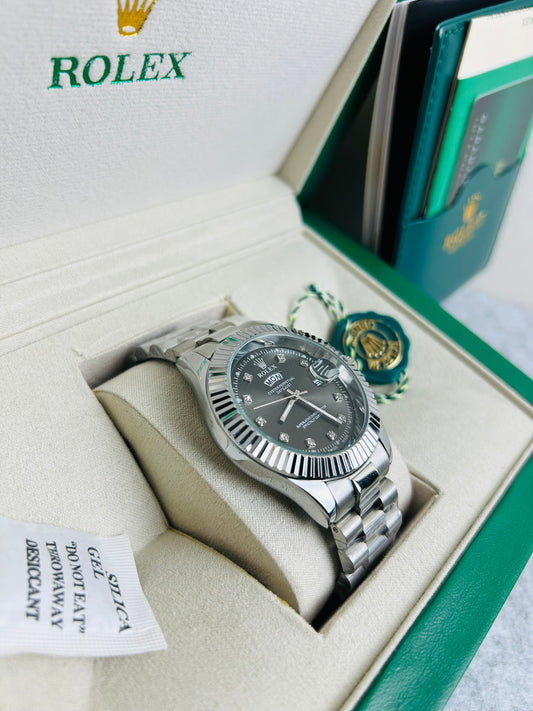 Blue Dial Luxury Watch with Silver Chain & Original Rolex Box