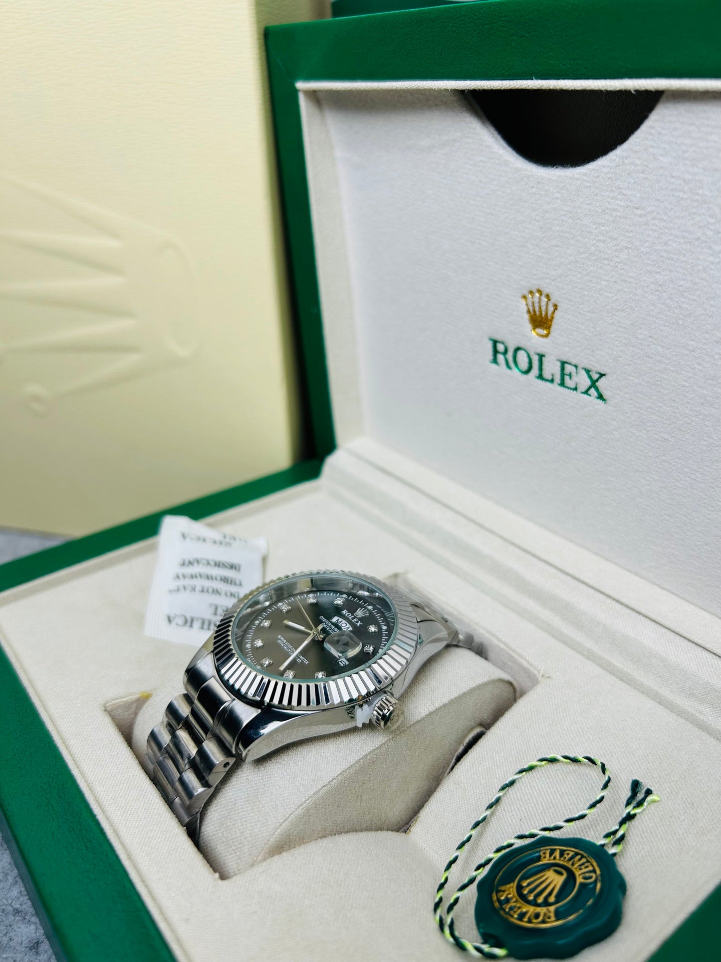 Blue Dial Luxury Watch with Silver Chain & Original Rolex Box