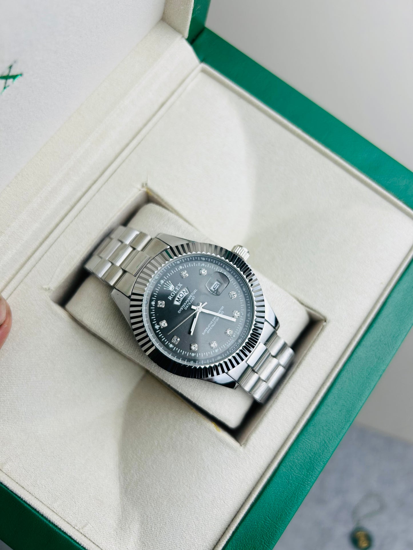 Blue Dial Luxury Watch with Silver Chain & Original Rolex Box