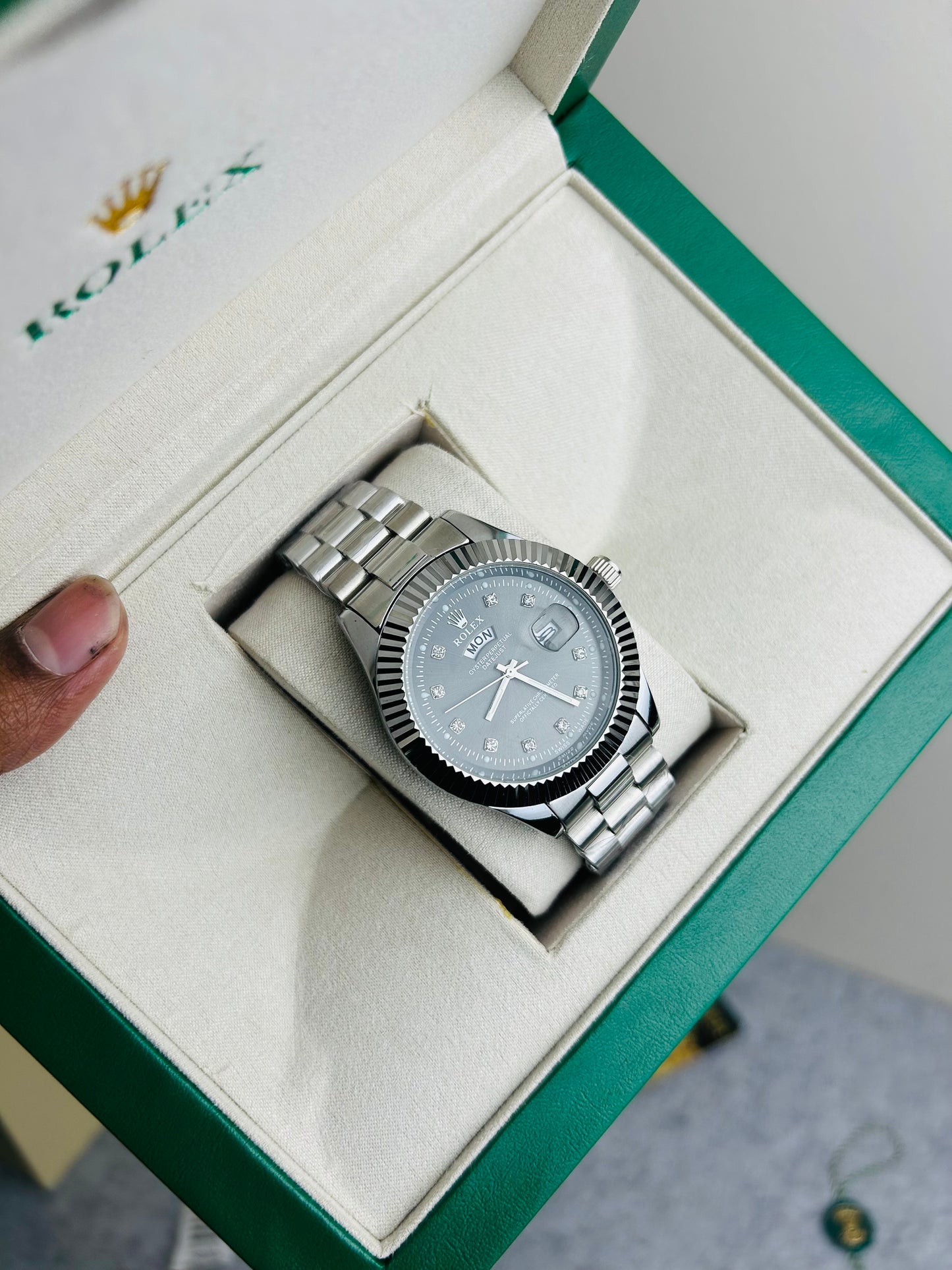 Blue Dial Luxury Watch with Silver Chain & Original Rolex Box