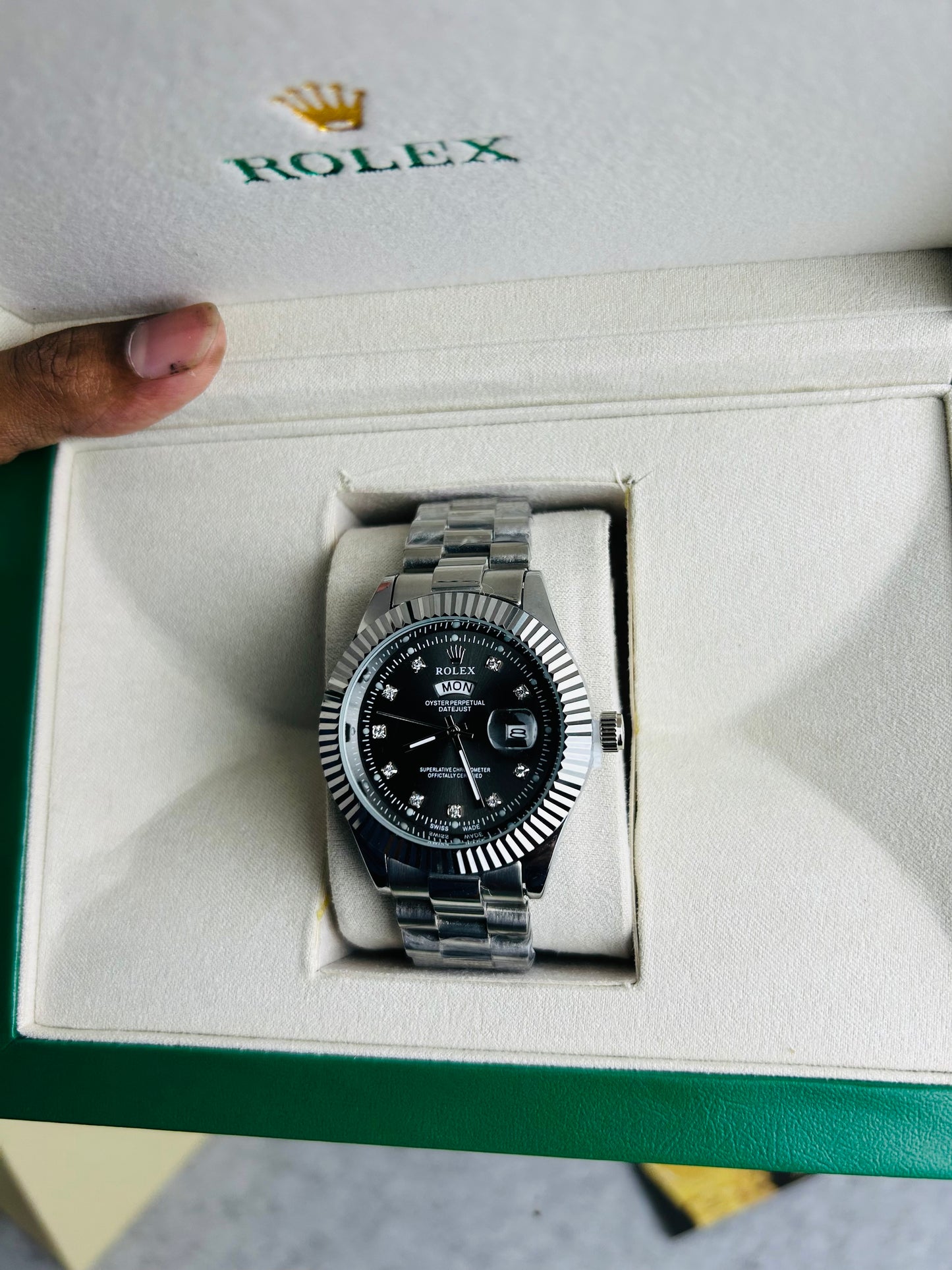 Blue Dial Luxury Watch with Silver Chain & Original Rolex Box