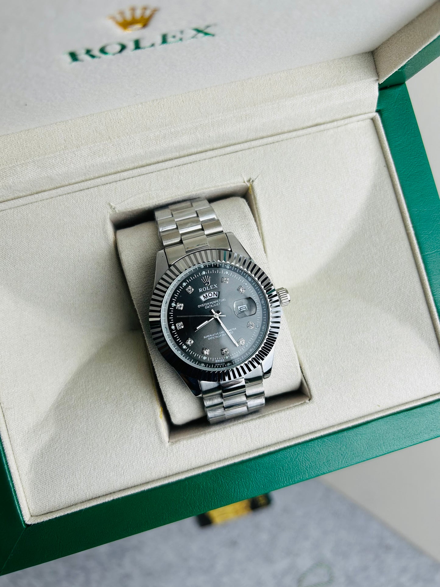 Blue Dial Luxury Watch with Silver Chain & Original Rolex Box