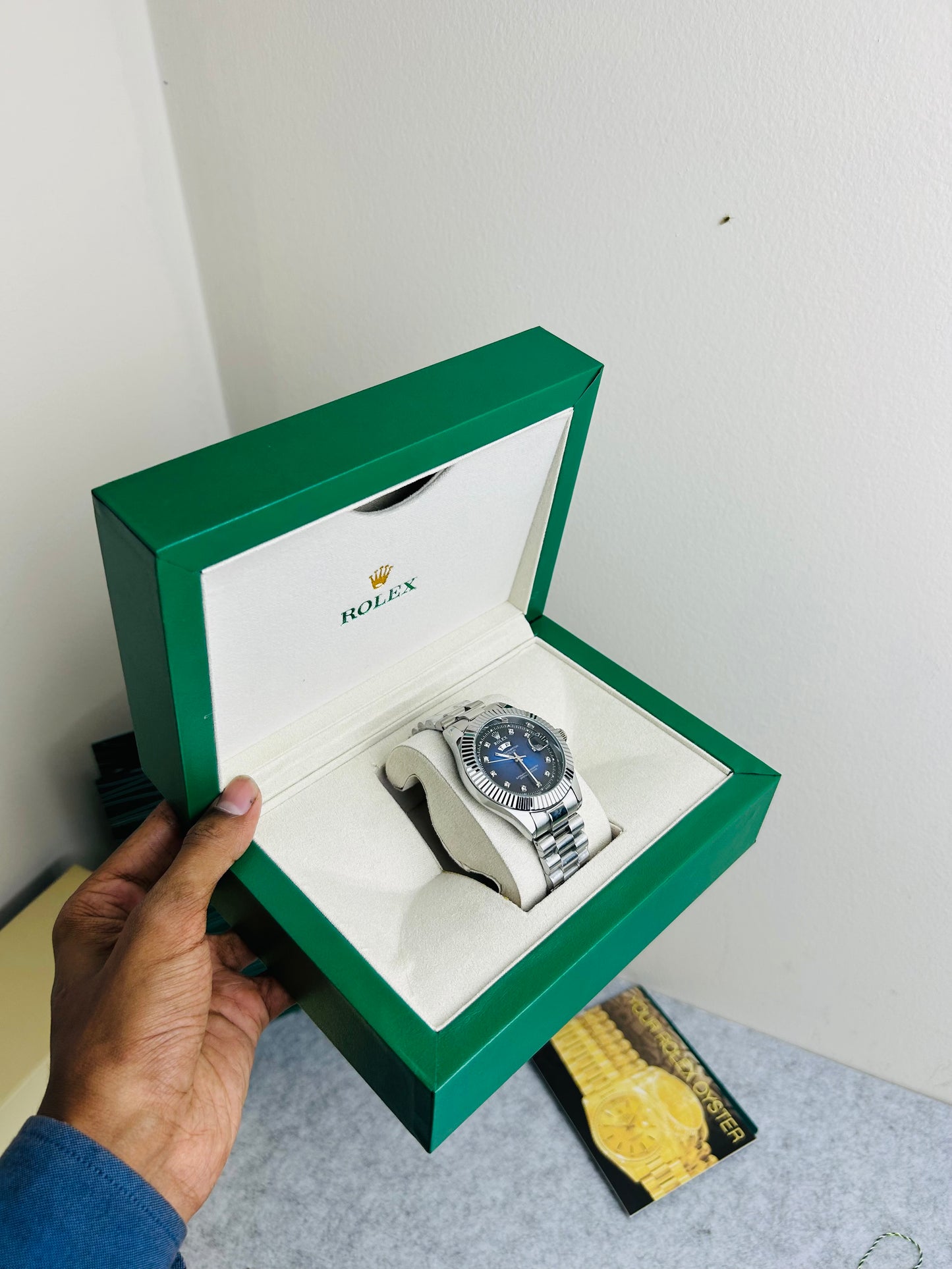 Blue Dial Luxury Watch with Silver Chain & Original Rolex Box