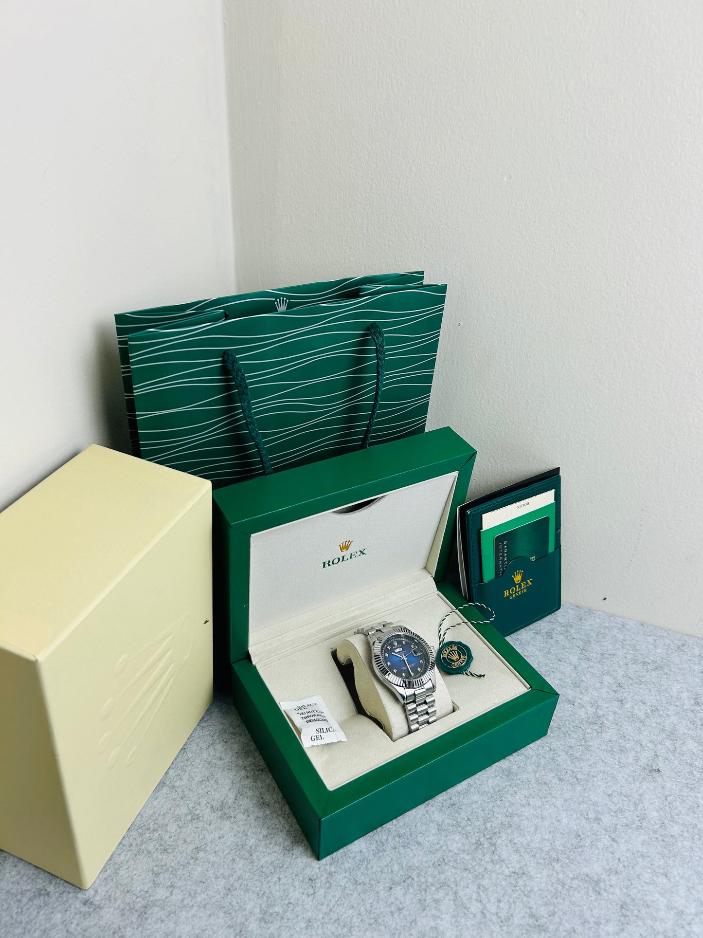 Blue Dial Luxury Watch with Silver Chain & Original Rolex Box