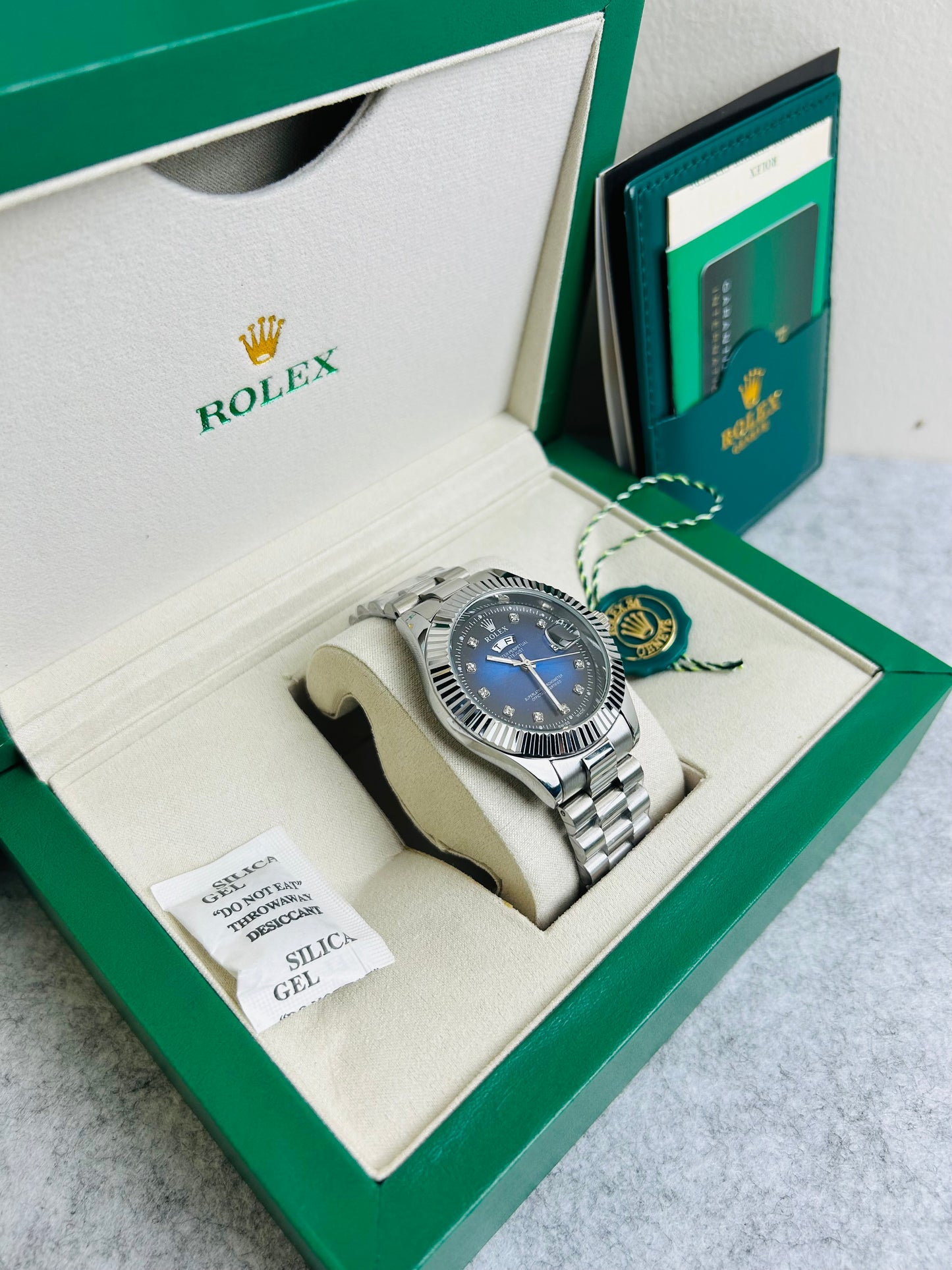 Blue Dial Luxury Watch with Silver Chain & Original Rolex Box