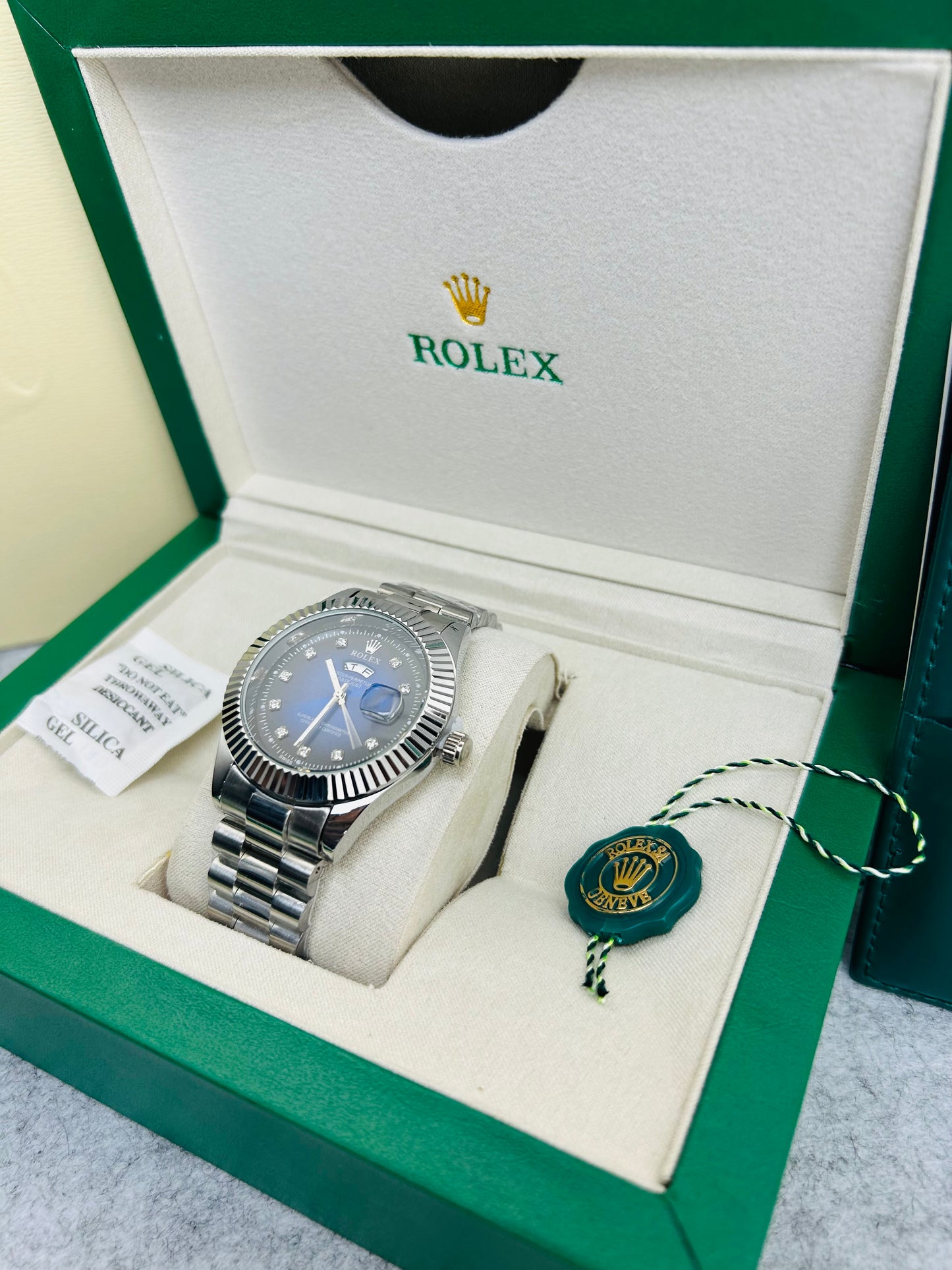 Blue Dial Luxury Watch with Silver Chain & Original Rolex Box