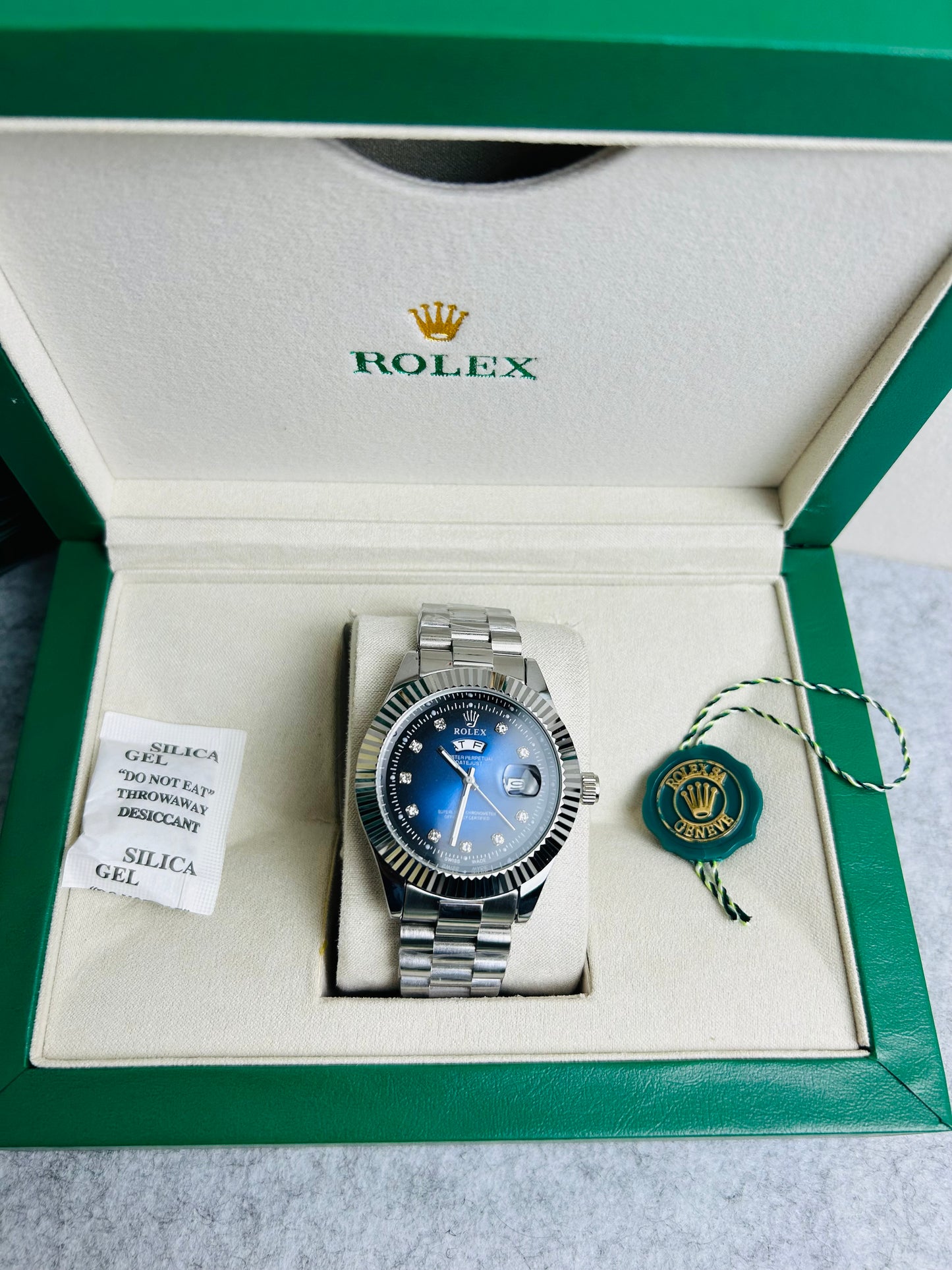 Blue Dial Luxury Watch with Silver Chain & Original Rolex Box