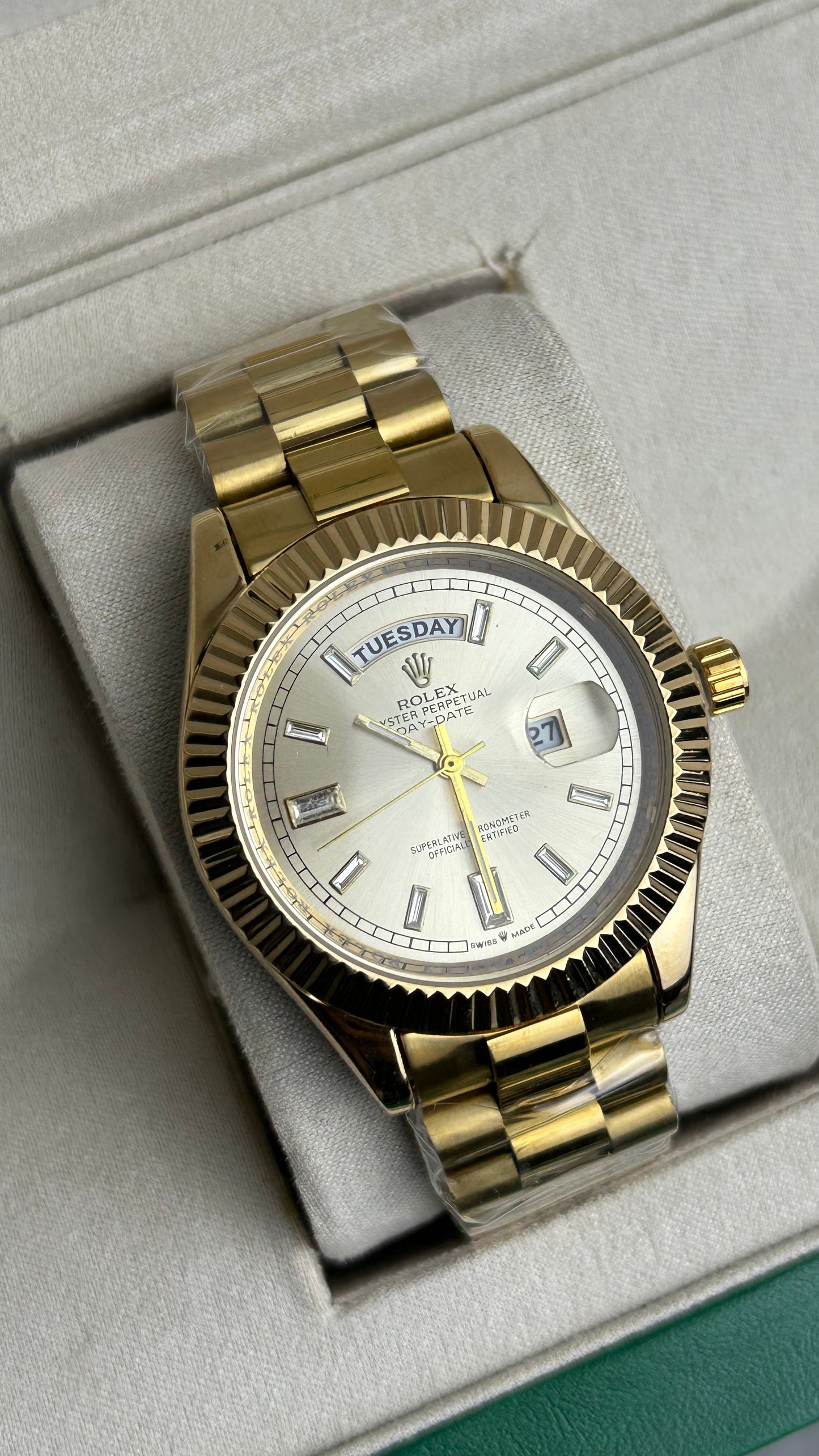 Gold Color Luxury Watch with Stone Dial & Original Box