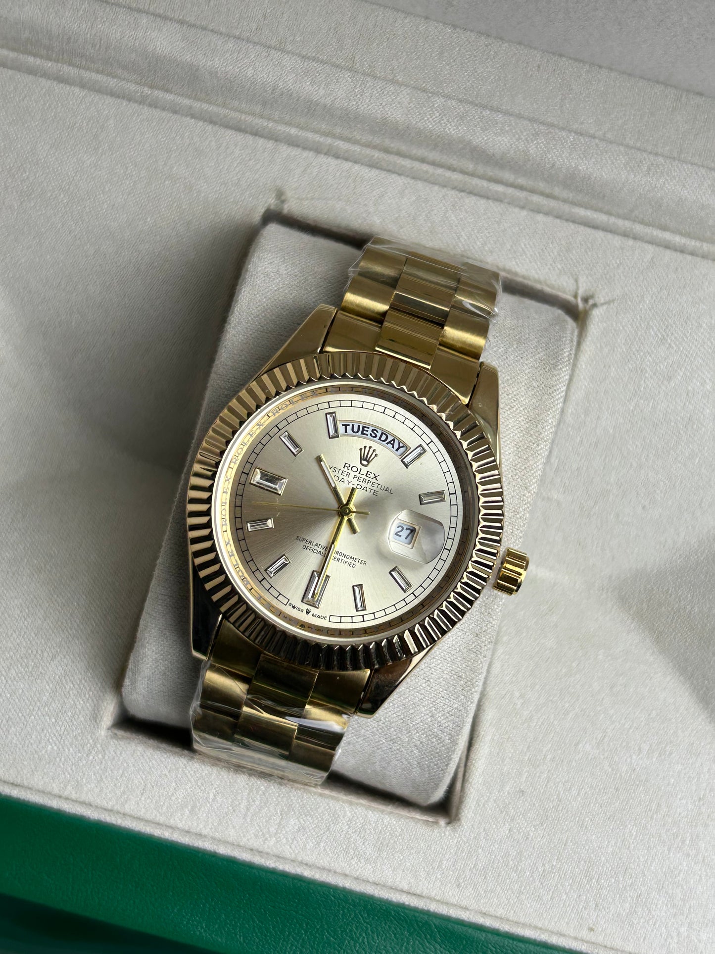 Gold Color Luxury Watch with Stone Dial & Original Box