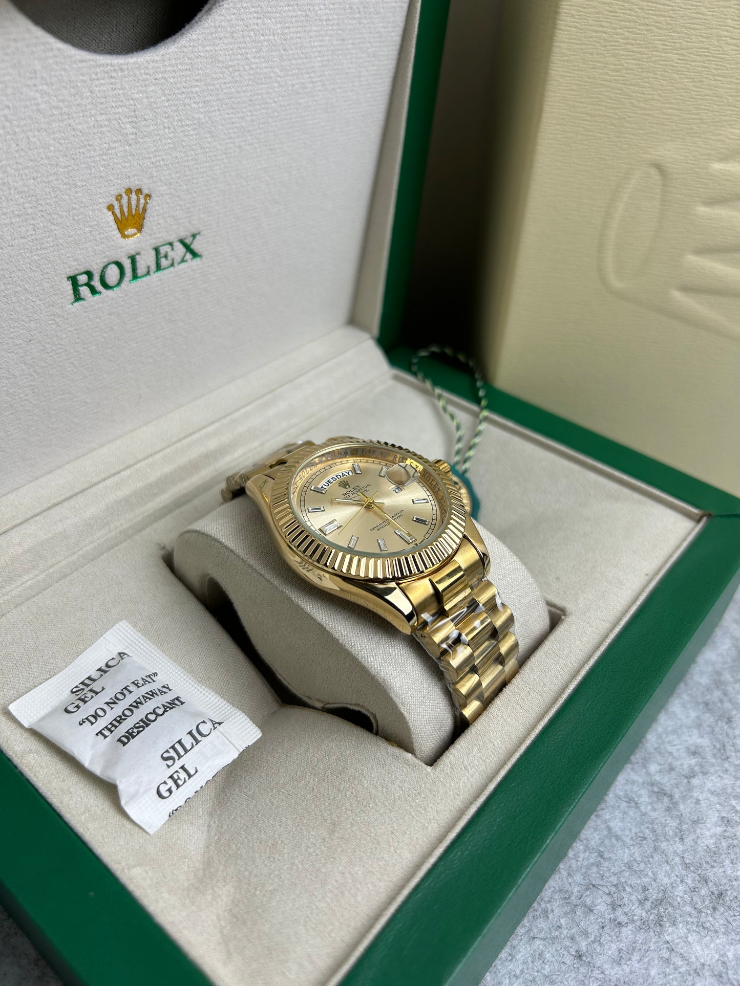 Gold Color Luxury Watch with Stone Dial & Original Box
