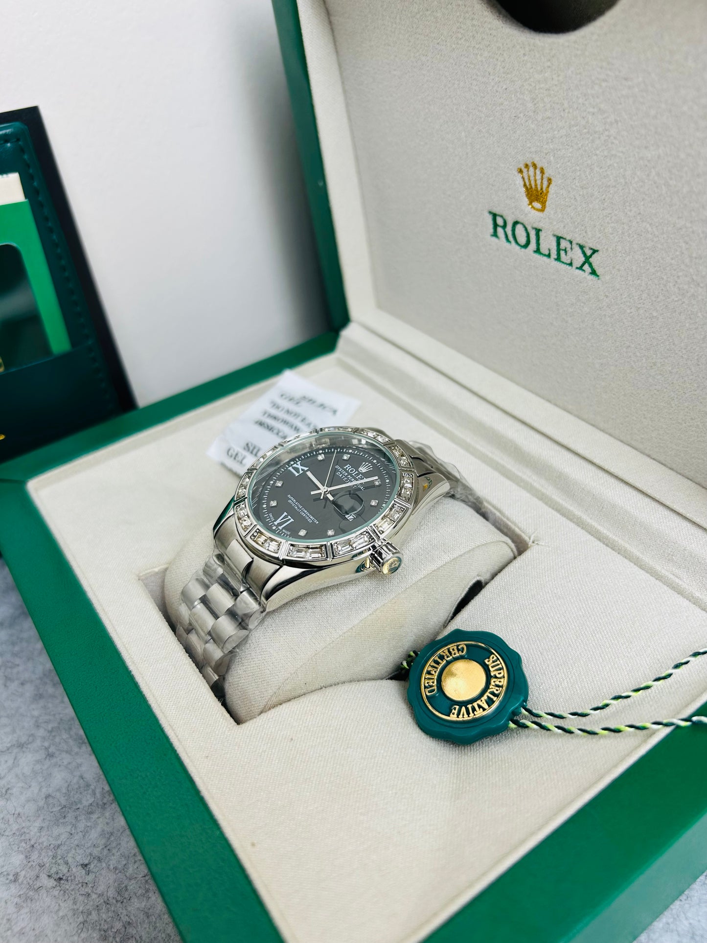 Gold Color Luxury Watch with Stone Dial & Original Box