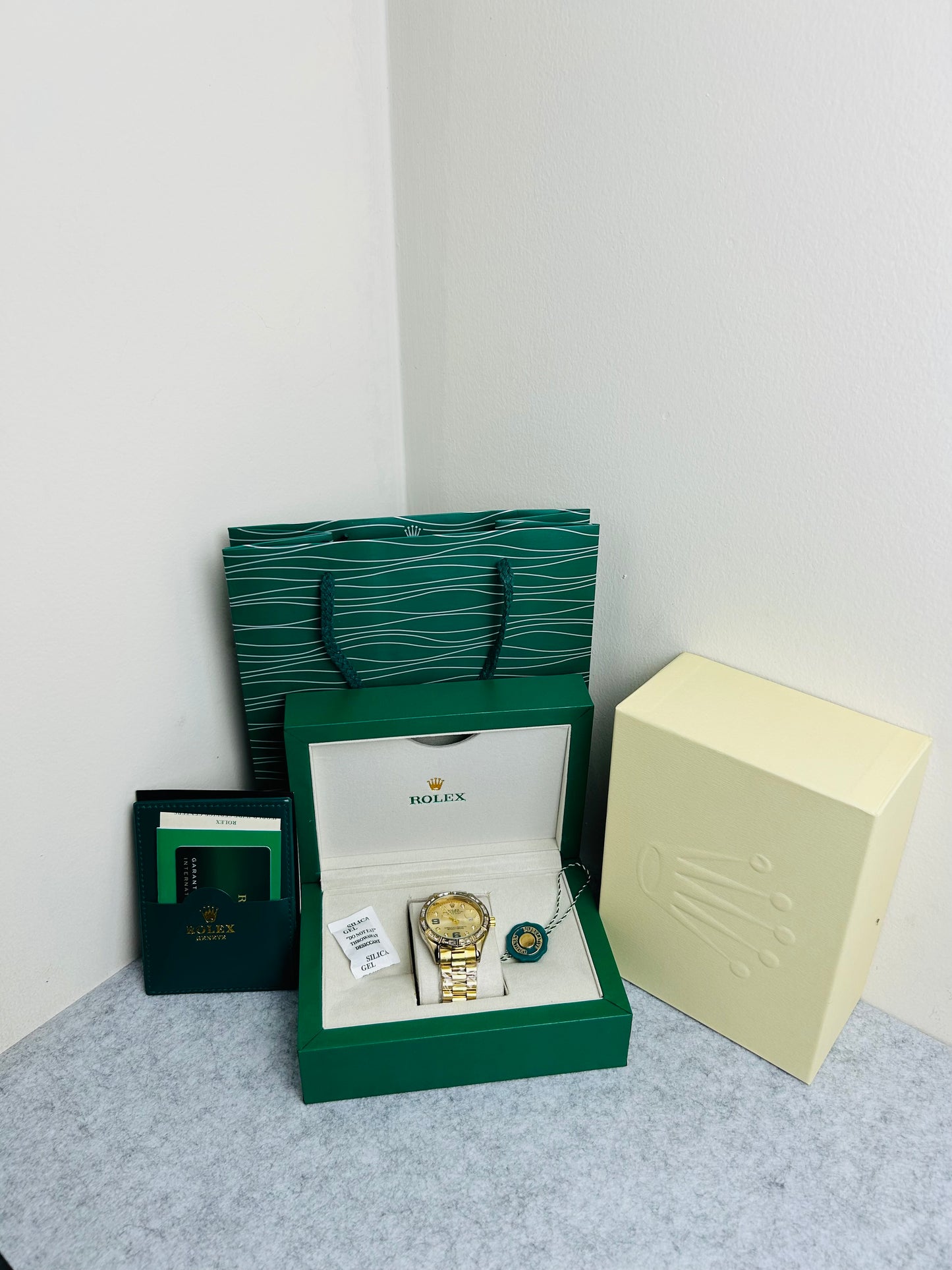 Gold Color Luxury Watch with Stone Dial & Original Box