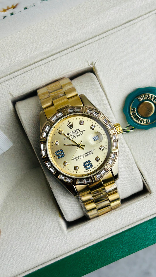 Gold Color Luxury Watch with Stone Dial & Original Box