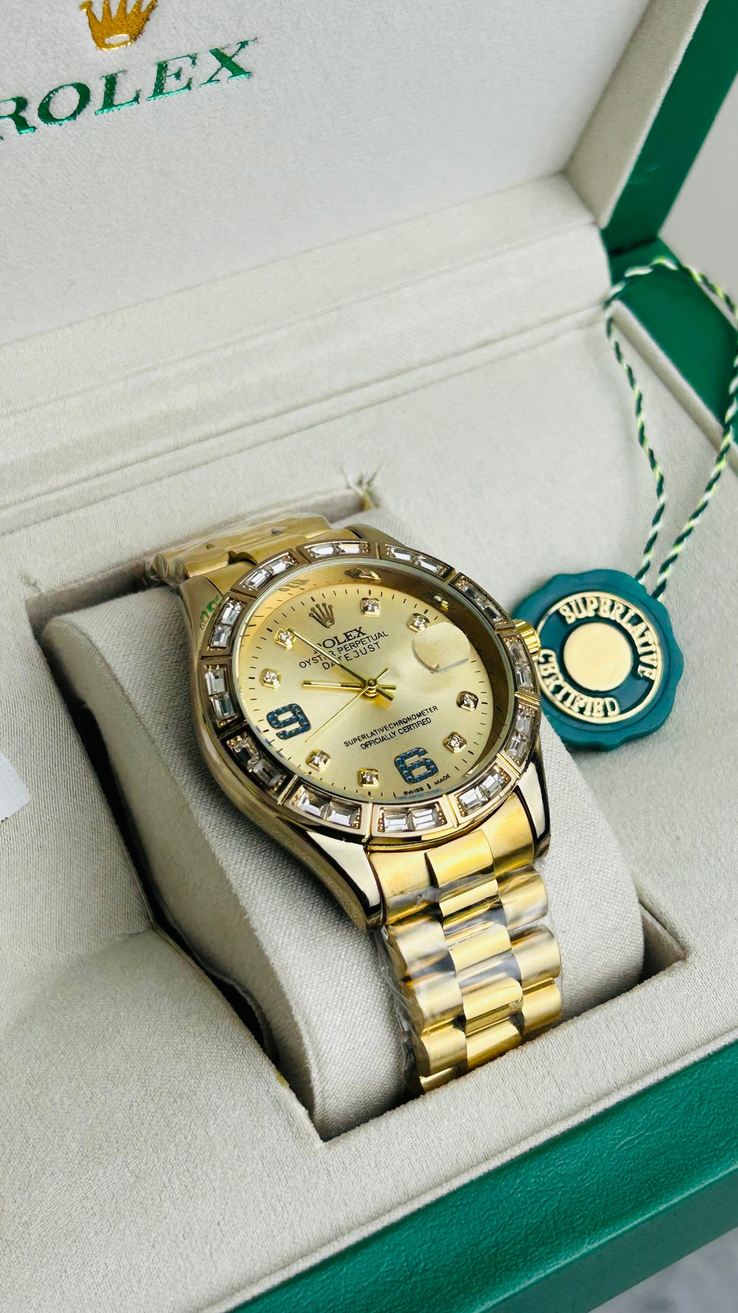 Gold Color Luxury Watch with Stone Dial & Original Box