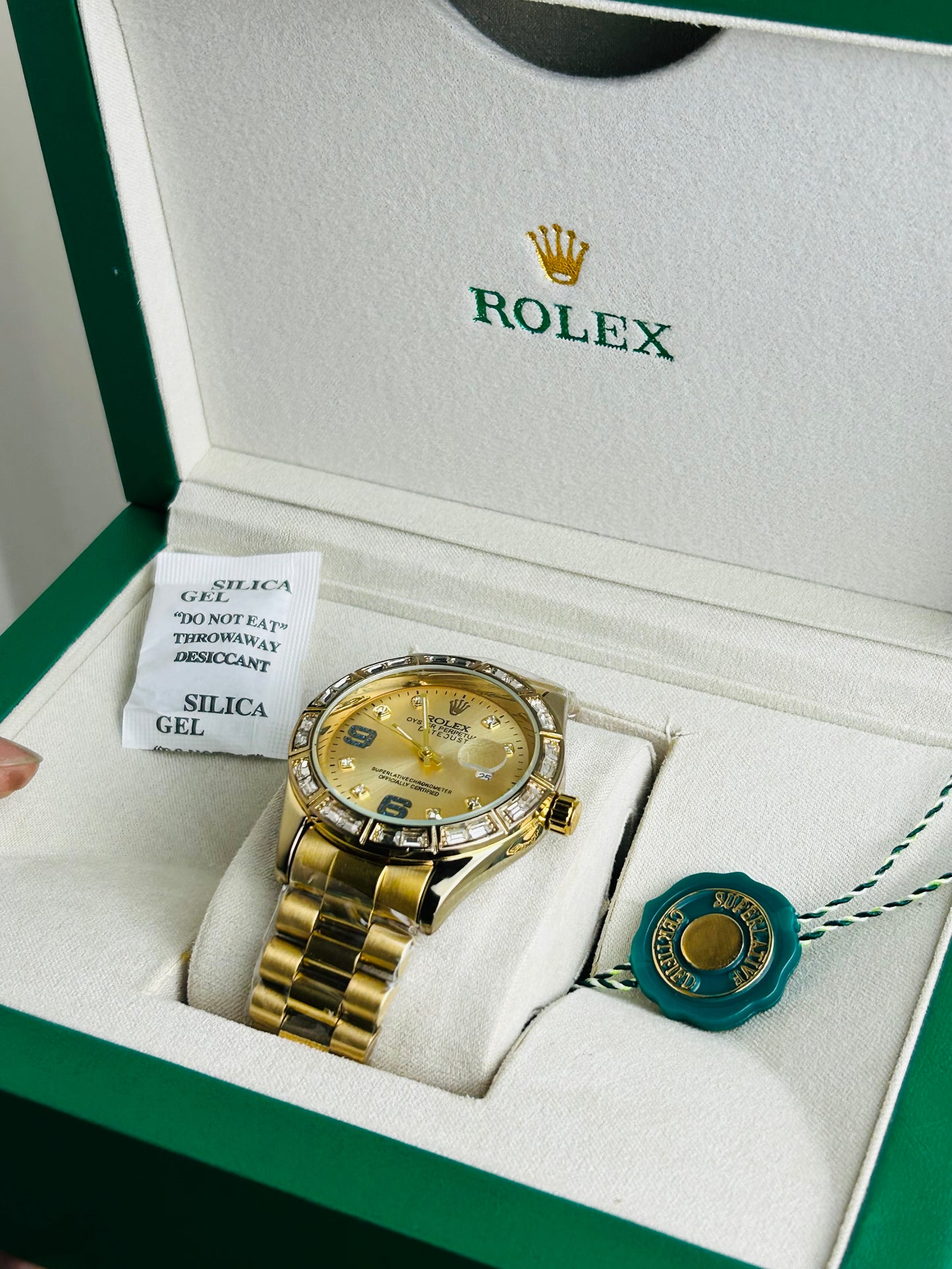 Gold Color Luxury Watch with Stone Dial & Original Box
