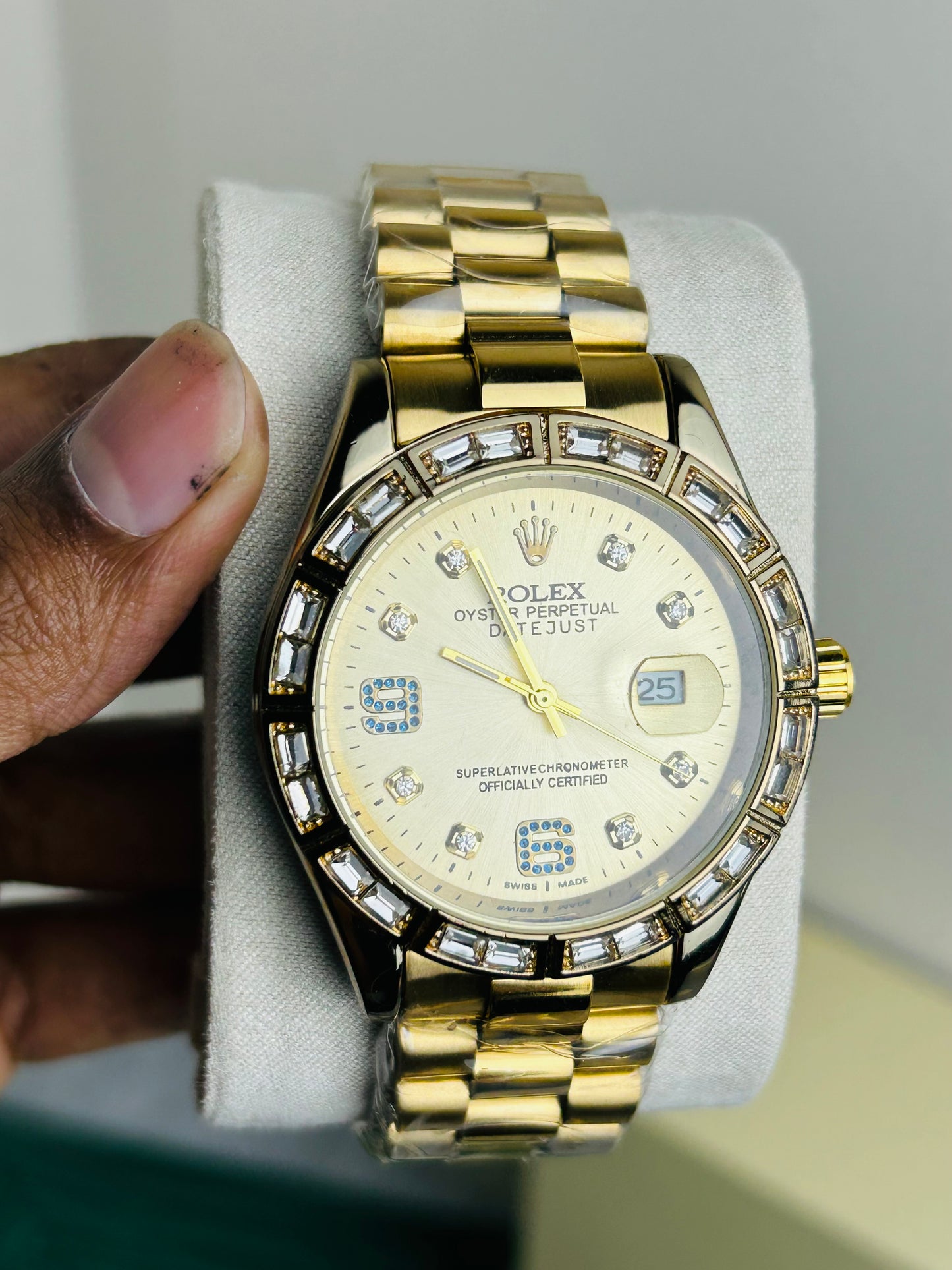 Gold Color Luxury Watch with Stone Dial & Original Box