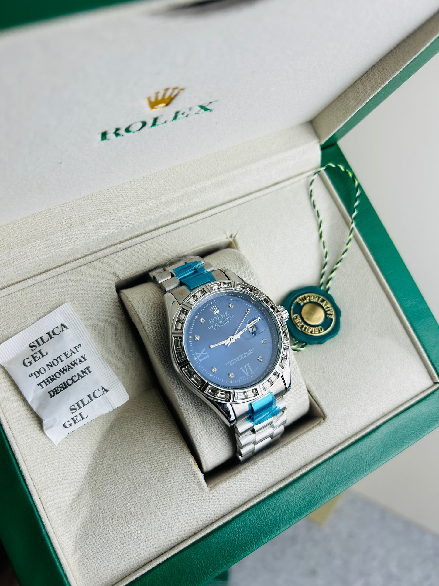 Gold Color Luxury Watch with Stone Dial & Original Box