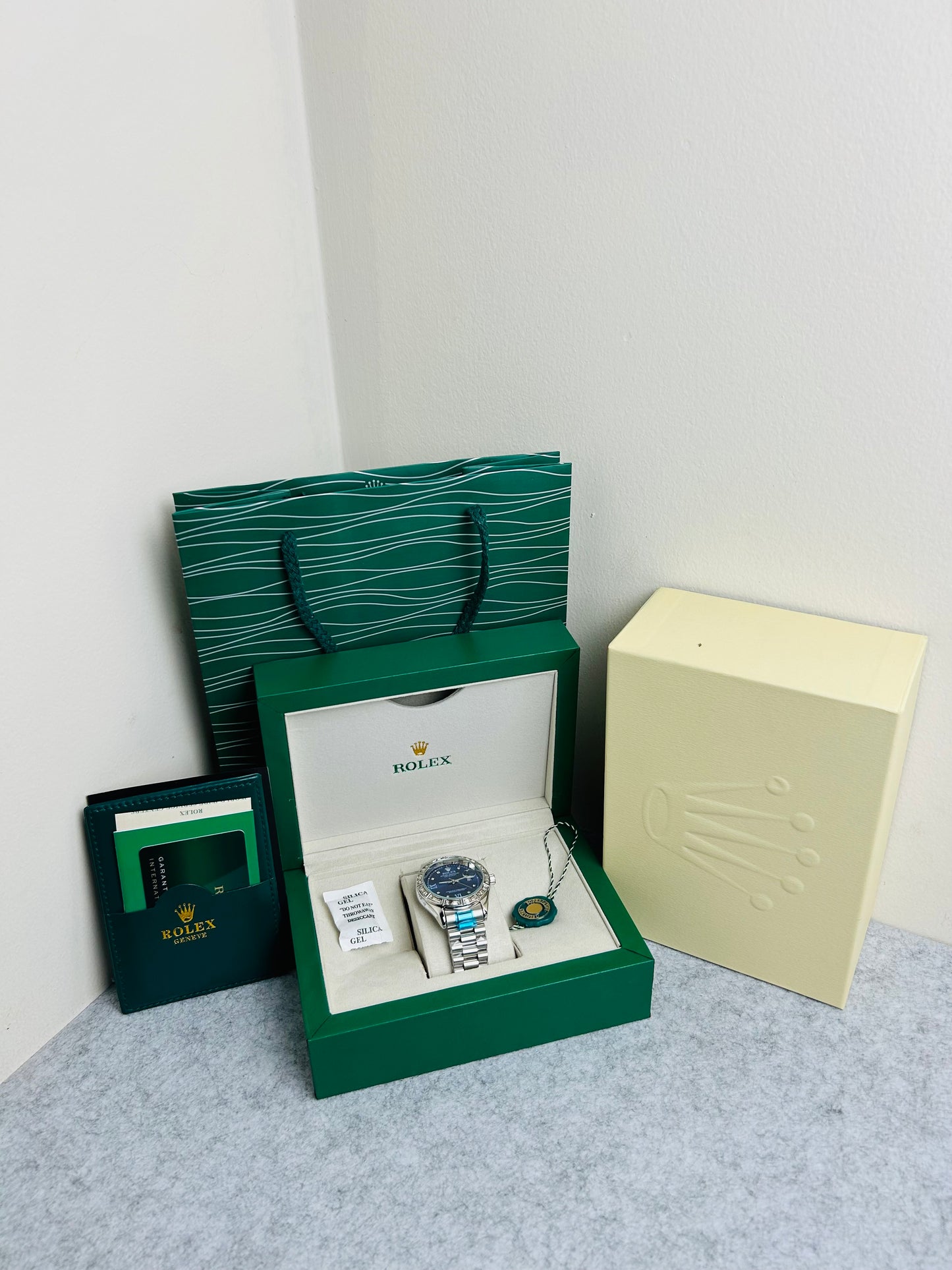 Gold Color Luxury Watch with Stone Dial & Original Box