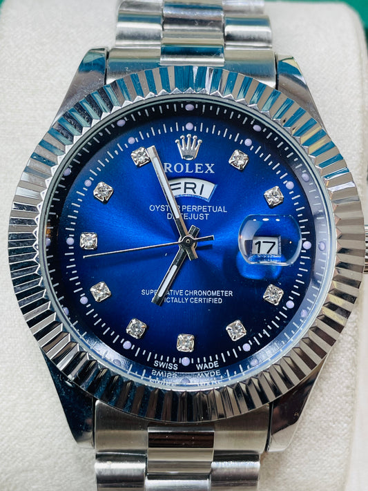 Blue Dial Luxury Watch with Silver Chain & Original Rolex Box